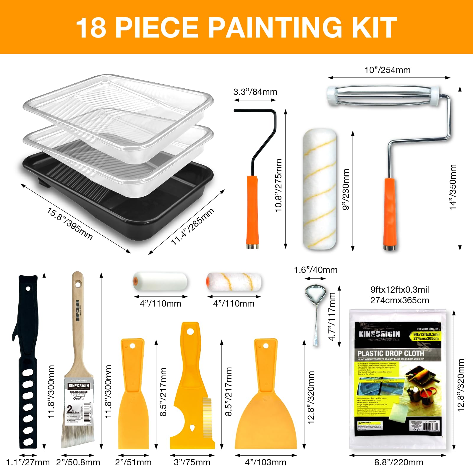 Kit de rodillos de pintura de 18 piezas, juego de rodillos de pintura, rodillos de pintura de 4 y 9 pulgadas para pintar, bandeja de pintura con forros, pincel de pintura angular, paño de