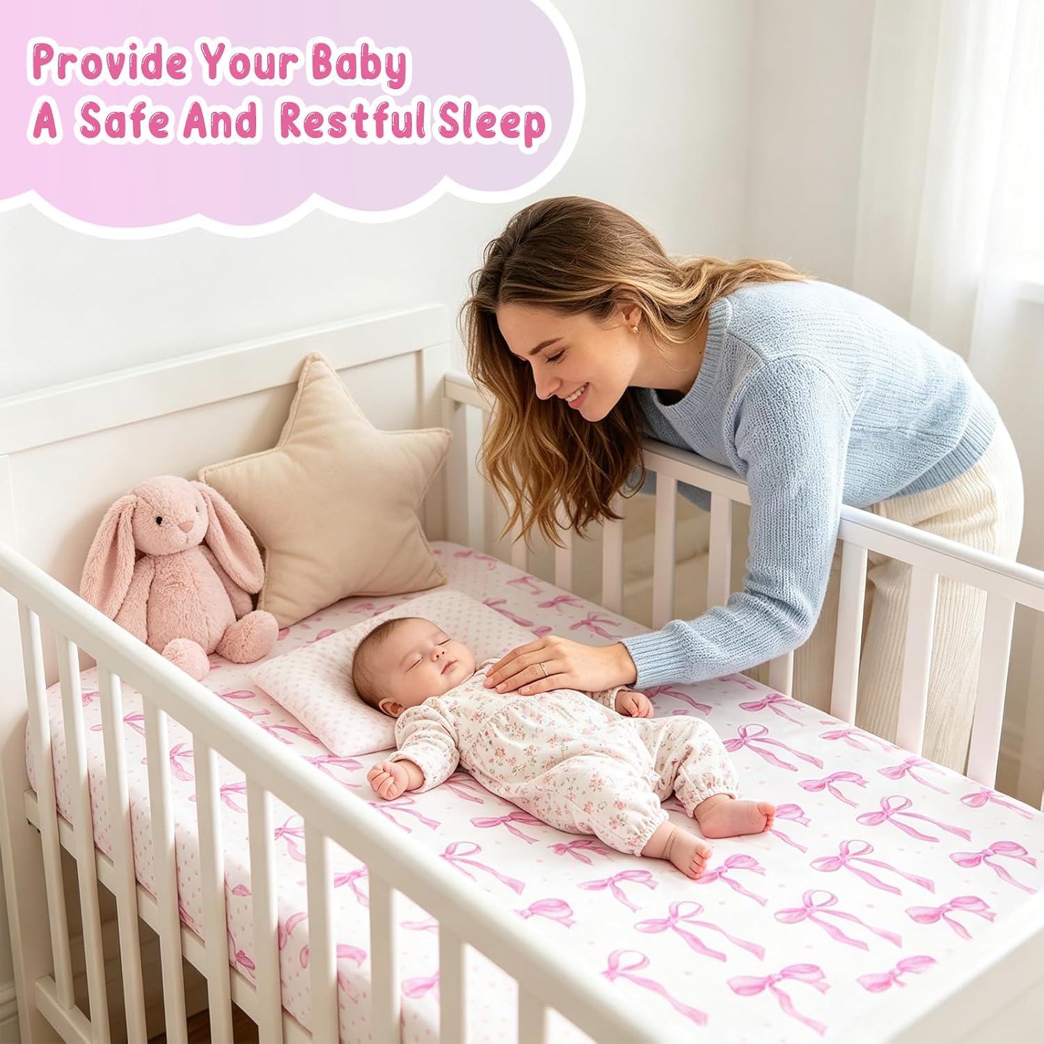 4 Pack Pink Bow Crib Sheets Girls - Fits Standard 52"x28"x8" Crib & Toddler Mattress, Soft Breathable Polyester Baby Nursery Bedding, Coquette Bow Polka Dot Stripe Printed Fitted Sheets for Girls