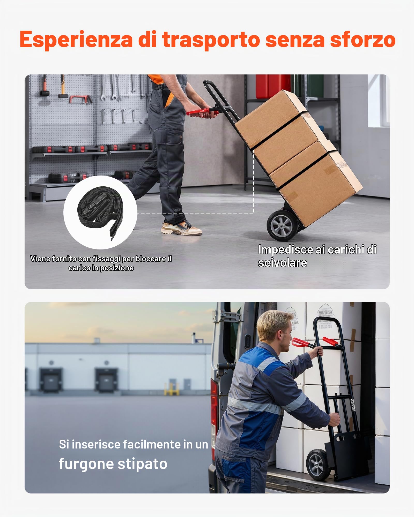 VEVOR Carrello a Mano Capacità di Carico di 272,1 kg Carrello a Mano per Carichi Pesanti con Ruote, Maniglia Telescopica e Cinghia di Ancoraggio per Traslochi di Casa, Ufficio, Magazzino