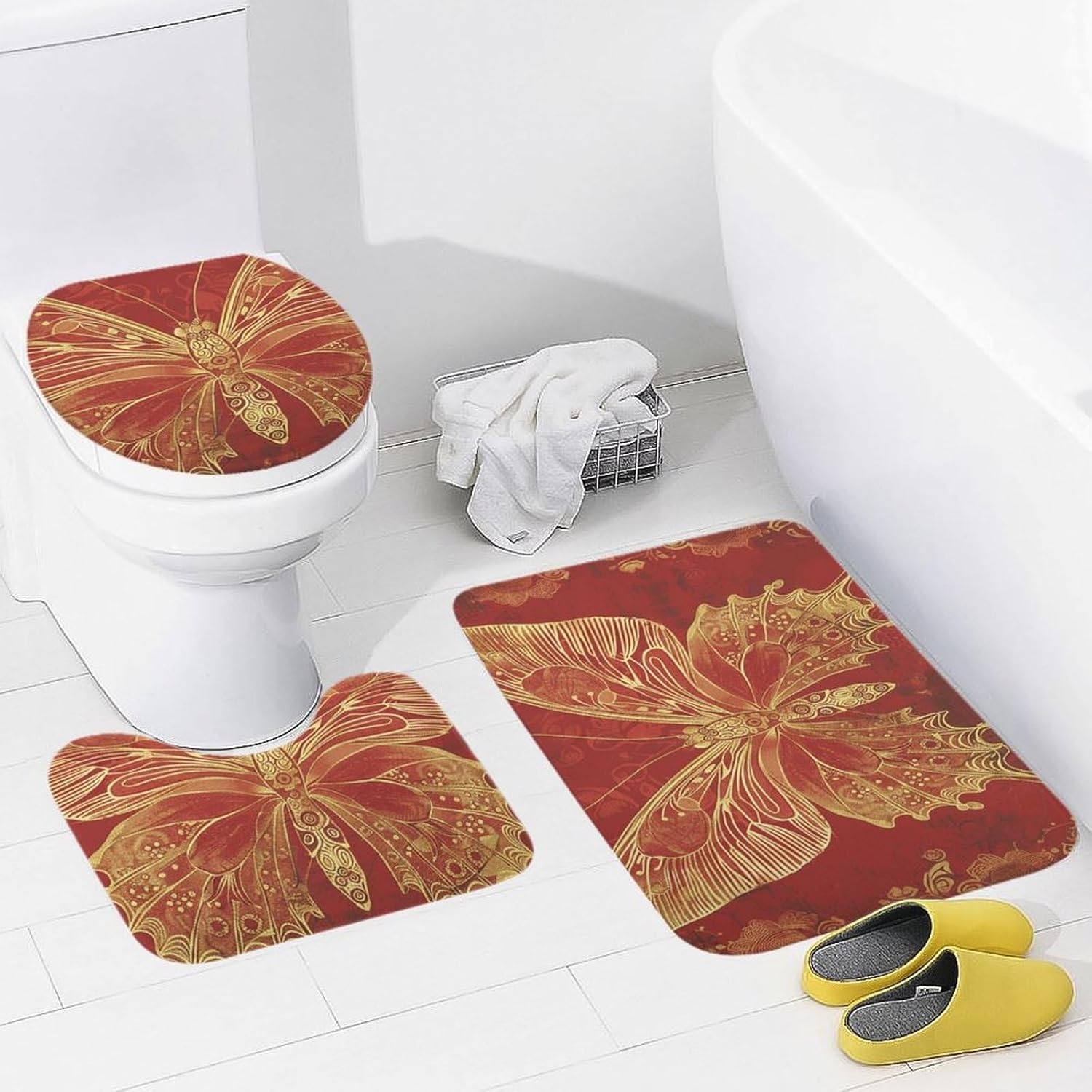 Anti-Skid Floor Mats 3 Piece Set,Golden Ornate Butterfly Printed Coral Fleece Bathroom Mats U-Shaped Contour Mat Toilet Seat Cover for Bathroom, Tub, Shower, Kitchen 19.7"x31.5"