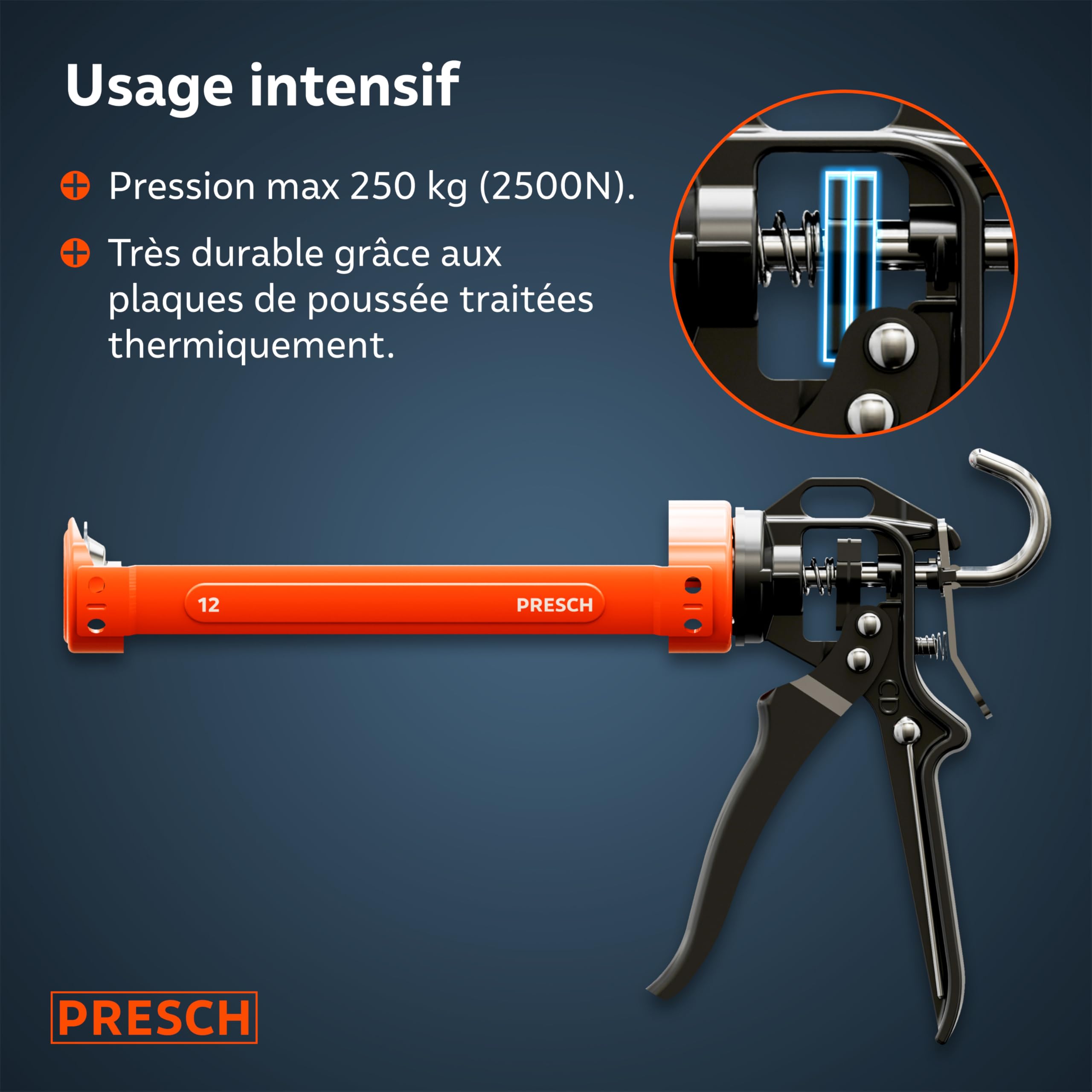 Presch Pistolet silicone 12:1 rapport de poussée anti-goutte – Pistolet à cartouche 310ml pivotement 360° aiguille de perçage