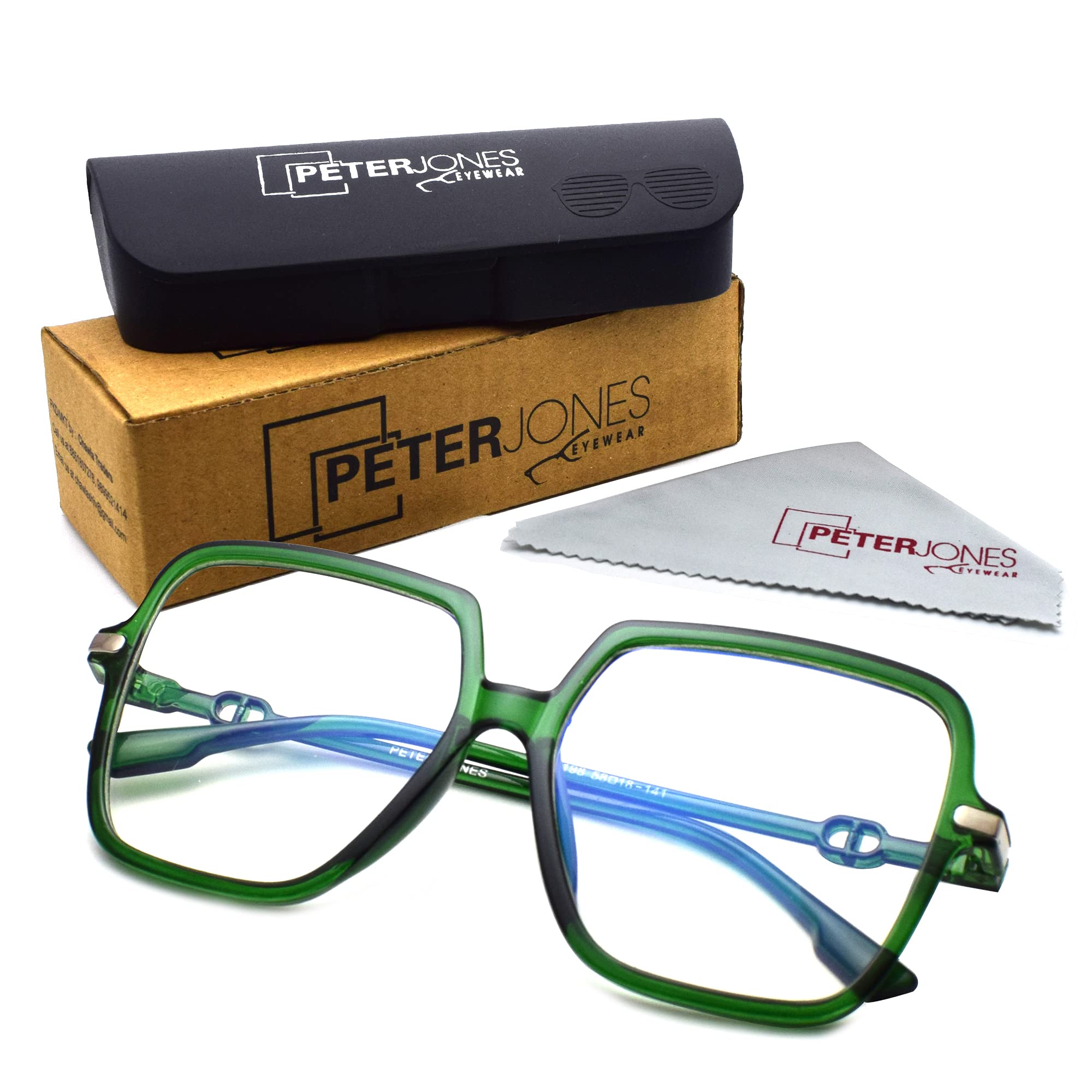 Peter Jones AG5198 - Gafas cuadradas para computadora para mujeres/niñas con cero potencia con bloqueo de luz azul (talla grande/extragrande), Verde Transparente, L