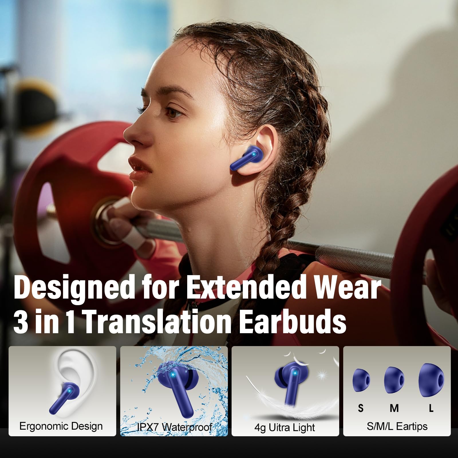 VEKJ AI Auriculares traductor en Tiempo Real, Auriculares Traductores de 164 Idiomas con Audio y Videollamadas, 42H 3 en 1 Cascos Inalambricos Azul