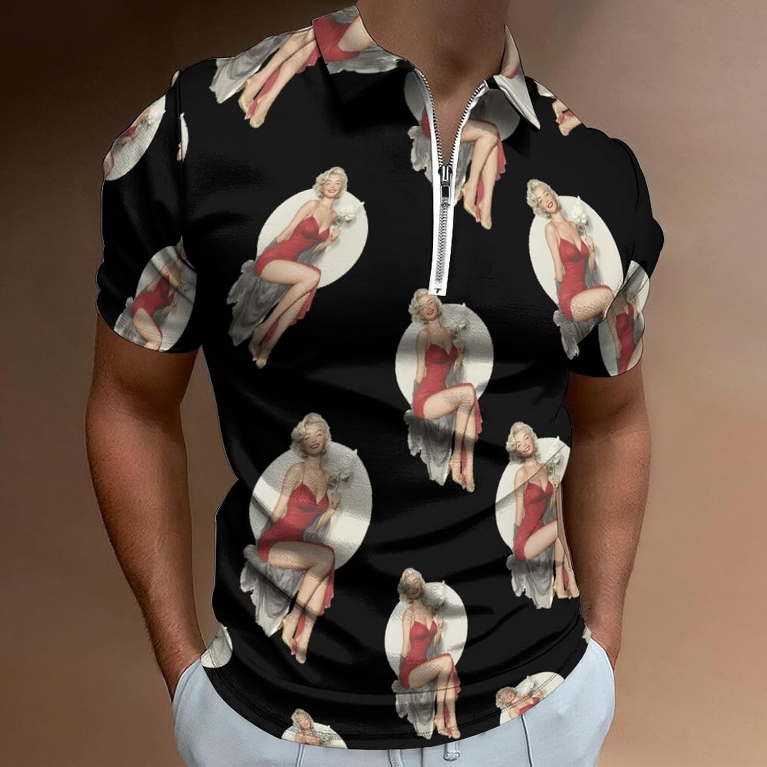 Girl with Rose Polo Shirts for Men Short Sleeve Athletic Golf Tees Tops | Casual Summer Zippered V Neck Mens T-shirts Sports Quick Dry Tennis