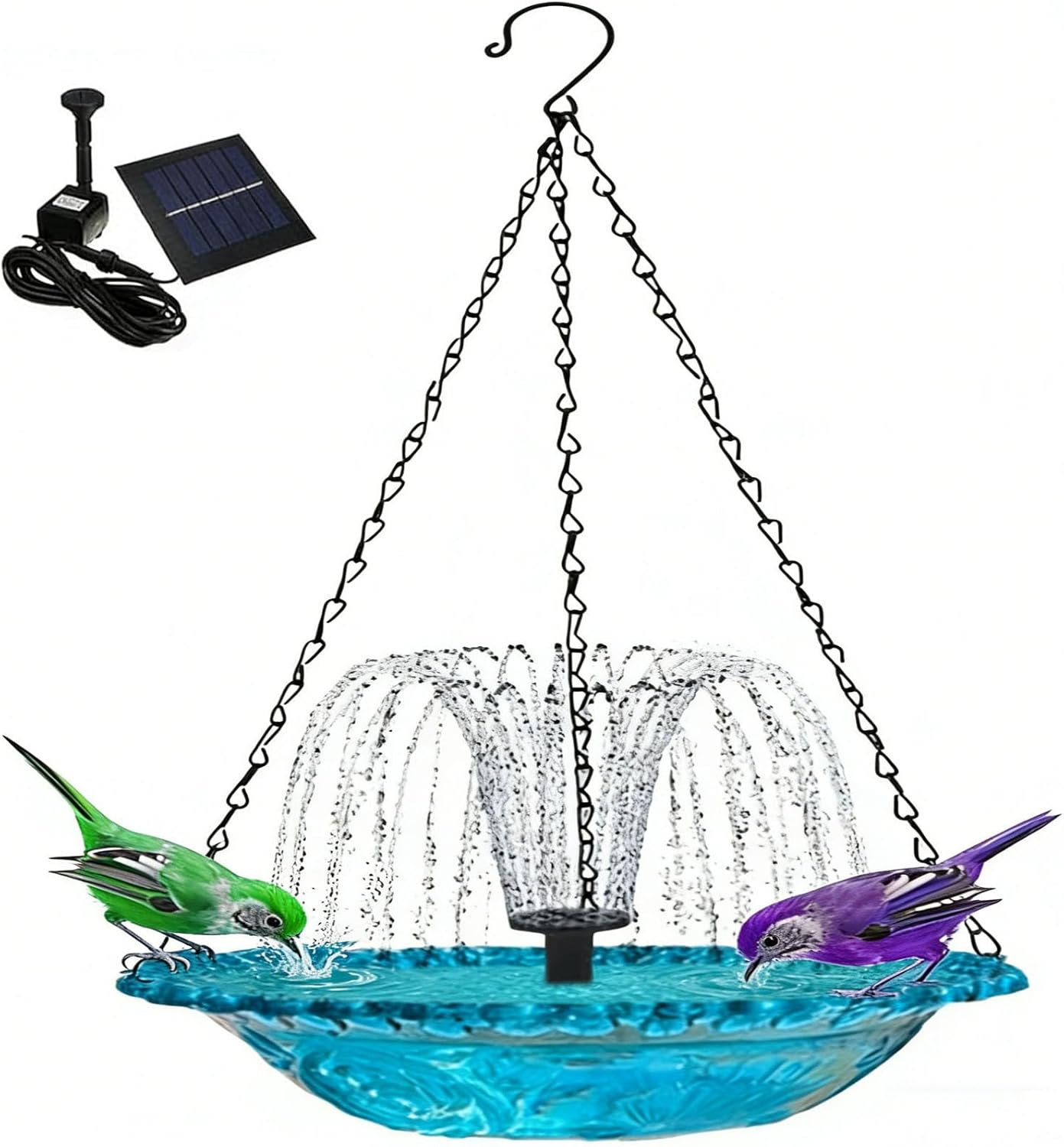 Solar Cascade Hanging Bird Bath Fountain, Solar Powered Bird Bath with 7 Nozzles & Transparent Bowl, Waterproof Hanging Birdbath for Garden Patio Backyard, Attracts Wild Birds & Hummingbirds (Blue)