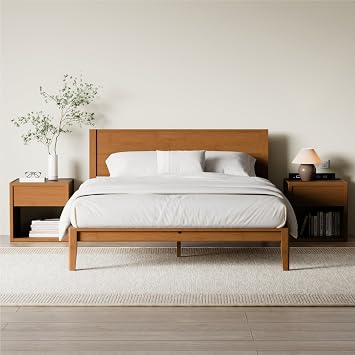 RECCI Japanese Joinery Queen Bed Frame, Mid-Century Modern Solid Bamboo Wood Platform Bed with Tall Headboard, Tool-Free Assembly, Heavy Duty Slat Support, 9-Inch Underbed Storage