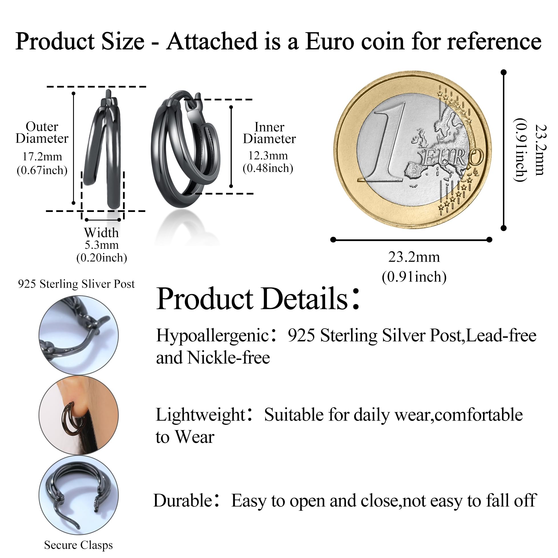 Asymétrique Double Anneau Boucle d'Oreille Argent 925 Unisexe 17mm | Hypoallergénique, sans Plomb ni Nickel, Confortable et Sûr à Porter, Effet Asymétrique, Adapté au Quotidien, Cadeau Homme