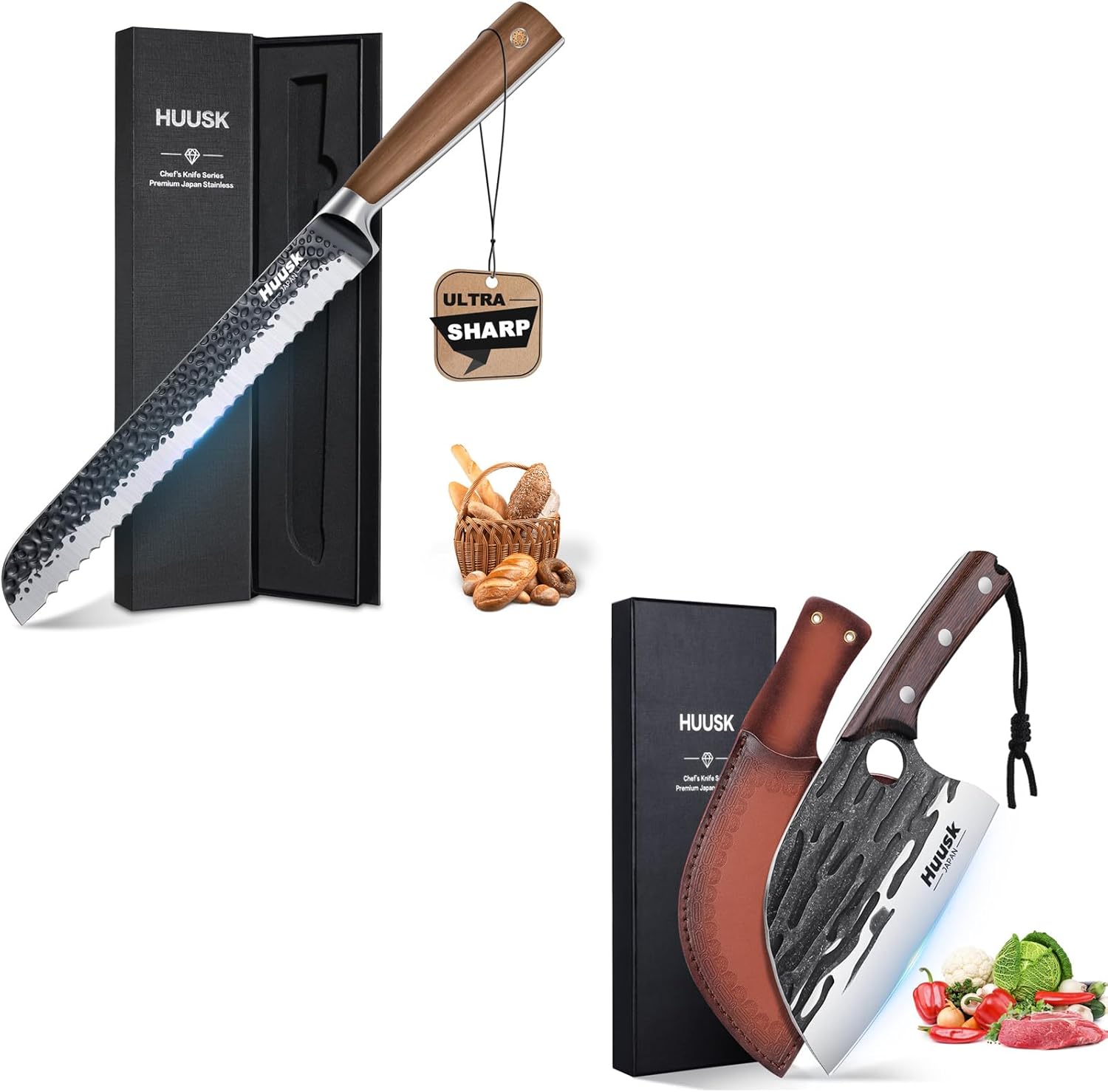 Huusk Japan Bread Knives, Serrated Bread Knife, Serbian Chef Knife Japanese Meat Cleaver Knife for Meat Cutting, Bread Cutting Knife with Wavy Edge, Full Tang Kitchen Butcher Chopping Knife for Home