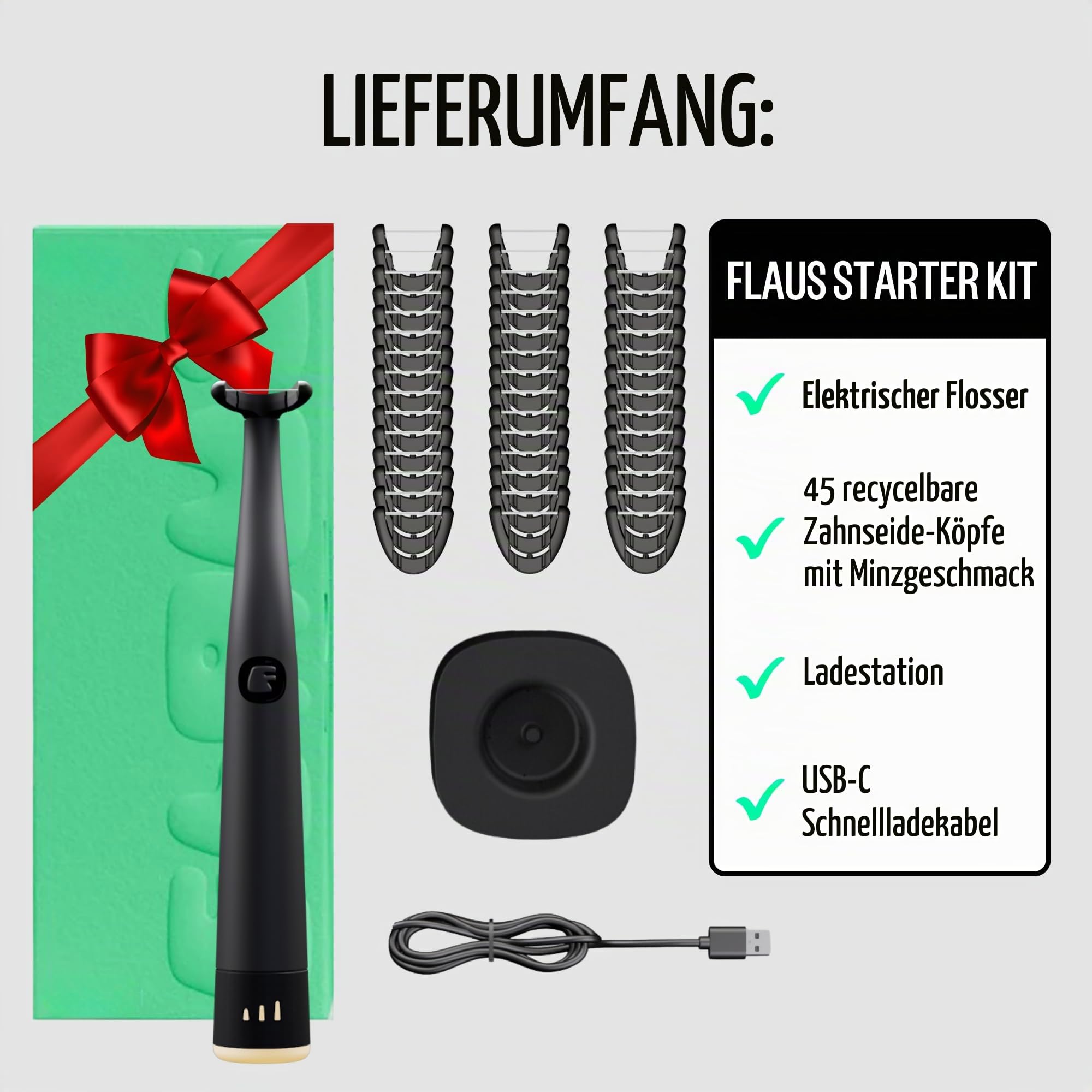 FLAUS Elektrische Zahnseide (sanftes Gleiten) – Hai-Tank + Oprah's Liste – Alternative zu Wasserseide – Zahnbelagentferner für Erwachsene – einfache Vibrationskraft Zahnseide – sicheres tragbares