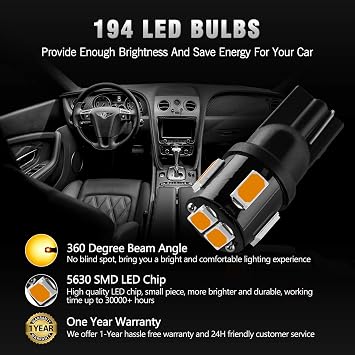 194 LED Bulbs Extremely Bright Amber Yellow 5630 Chipsets 168 2825 175 T10 W5W LED Replacement Bulbs for Car Interior Map Dome Door Courtesy License Plate Lights(Pack of 10)