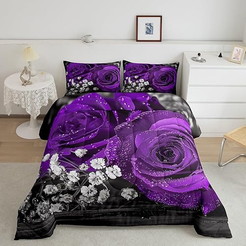 Miniatura 2 de Juego de edredón floral morado, 3 piezas, romántico juego de ropa de cama con rosas moradas para niñas, niños, mujeres y hombres, elegante edredón