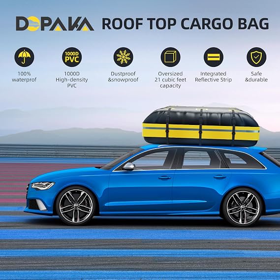 Rooftop Cargo Carrier Bag,100% Waterproof Heavy Duty 1000D Car Top Carrier,21 Cubic Feet Car Roof Bag for All Vehicle with/without Rack,Anti-Tear Anti-Slip Mat, Luggage Lock,6 Door Hooks
