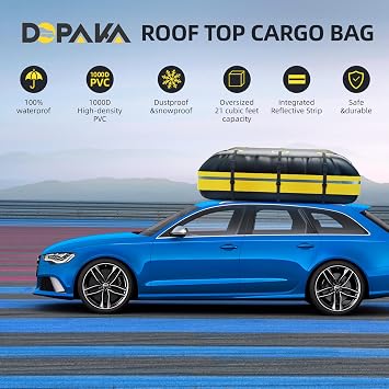 Rooftop Cargo Carrier Bag,100% Waterproof Heavy Duty 1000D Car Top Carrier,21 Cubic Feet Car Roof Bag for All Vehicle with/without Rack,Anti-Tear Anti-Slip Mat, Luggage Lock,6 Door Hooks