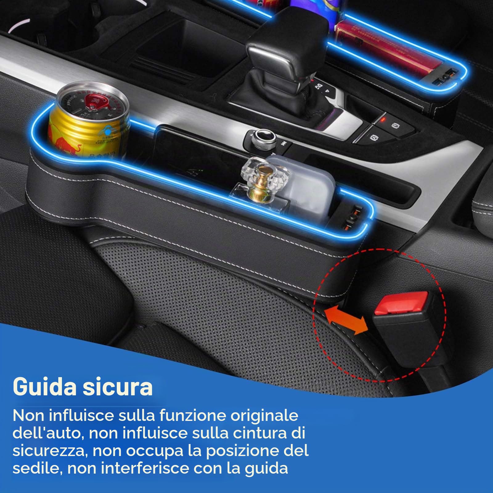 2 Pezzi Scatola Portaoggetti per Seggiolino Auto, Luce Portabicchieri a LED per Auto, Organizer per Auto Sedile Anteriore con Portabicchieri, Porta USB e Luce LED