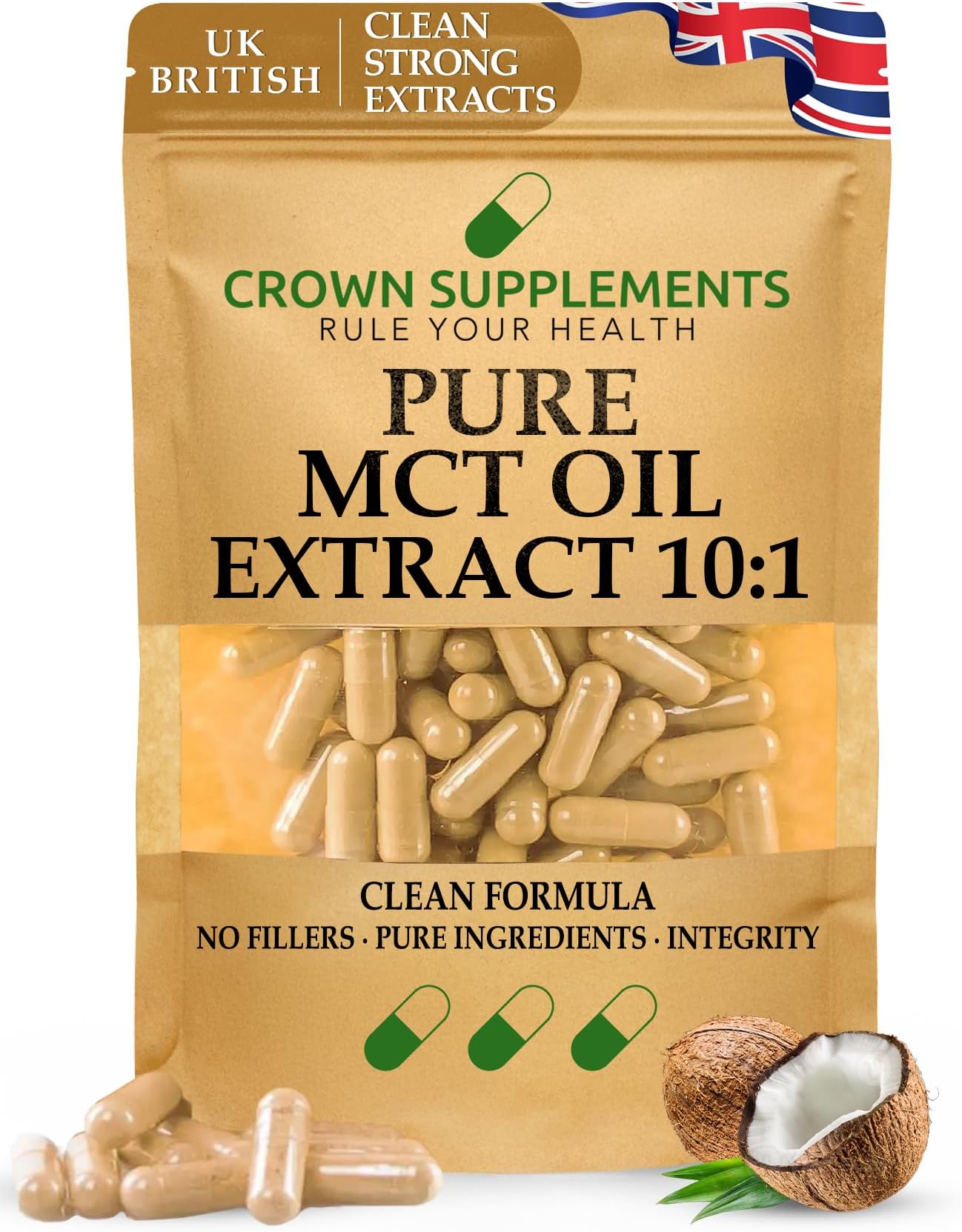 Pure MCT Oil Extract 10:1 Capsules | Coconut Palm Pure C8 & C10 | CocosnuciferaL Premium Coconut MCT Energy Boost | Crown Supplements UK (360 Capsules)