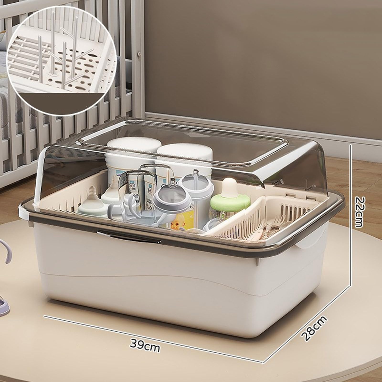 Caja de almacenamiento para biberones con estante de secado y cubiertas transparentes, organizadores de biberones portátiles