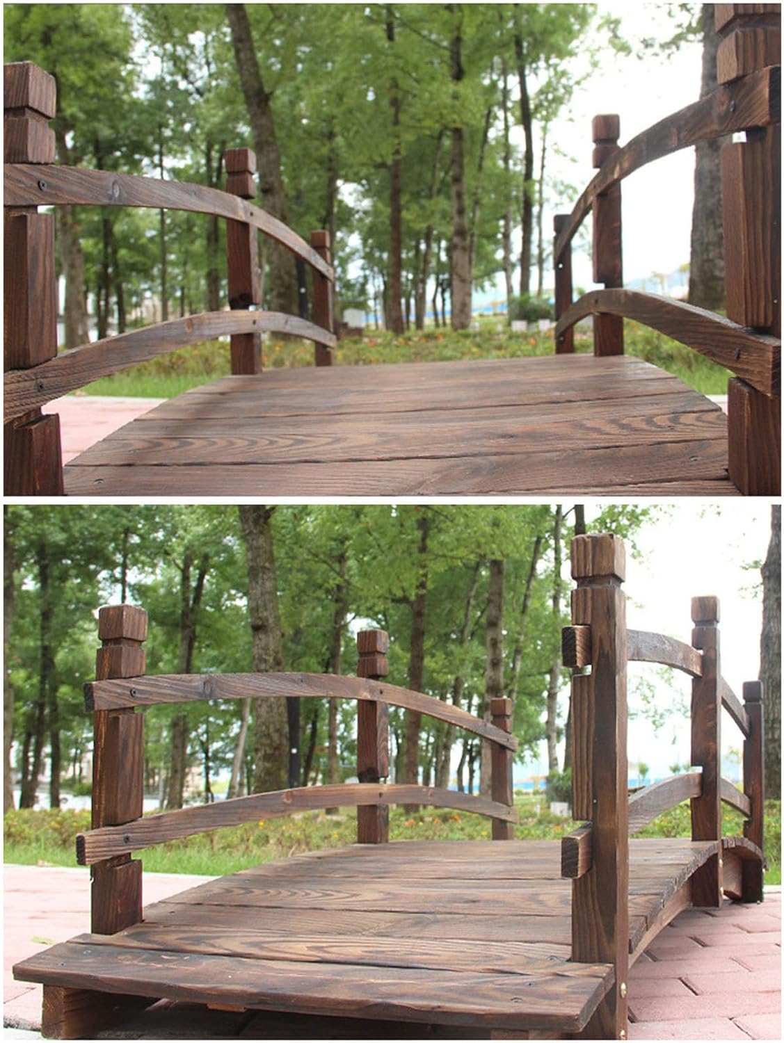 Wooden Garden Bridge Outdoor Carbonized Wood Arc Walkway with Side Railings Backyard Bridge Arch Footbridge Decorative Pond Landscaping Bridge for Lawn Patio Courtyard