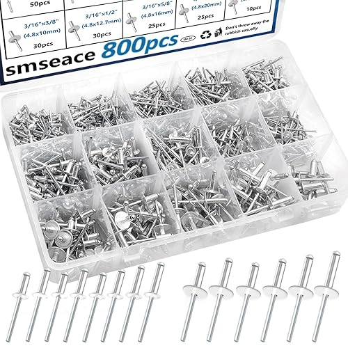 smseace 800 remaches pop de 15 valores con brida grande, kit surtido de remaches pop de 7 tamaños (18 pulgadas 316 pulgadas 14 pulgadas) 8 tamaños