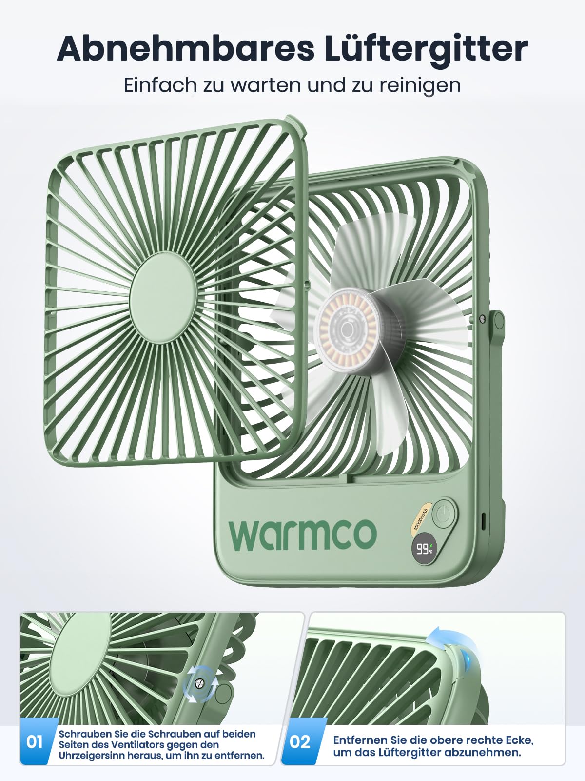 Warmco D3 Akku Ventilator 10000mAh, Tischventilator Leise, USB-C, LED-Anzeige, 4-Stufen Ventilator