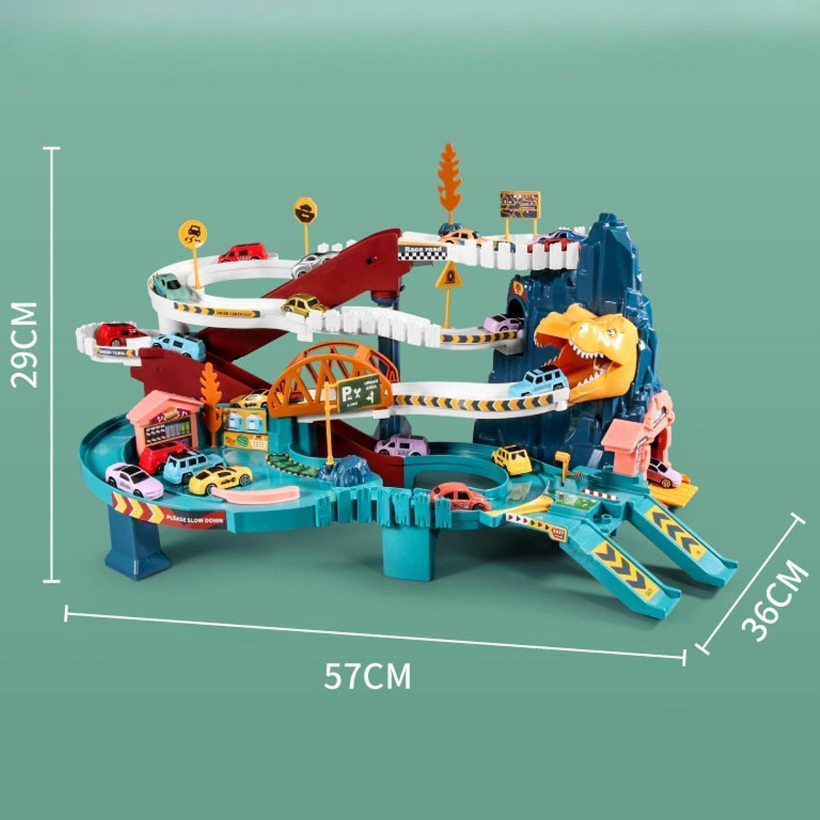 Harilla Playset Pista da Corsa con Interattivi da Interno Veicoli Set di Costruzione Pista Rampa per Giocattolo per Bambini, Dinosauro