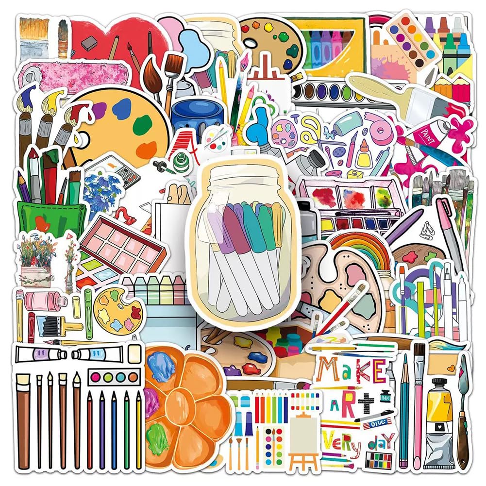 Painting Tools Stickers |50Pcs Drawing Theme Waterproof Vinyl Decals for Water Bottles Laptop Car Refrigerator Luggage Cup Computer Mobile Phone Locker Skateboard Luggage Decorations