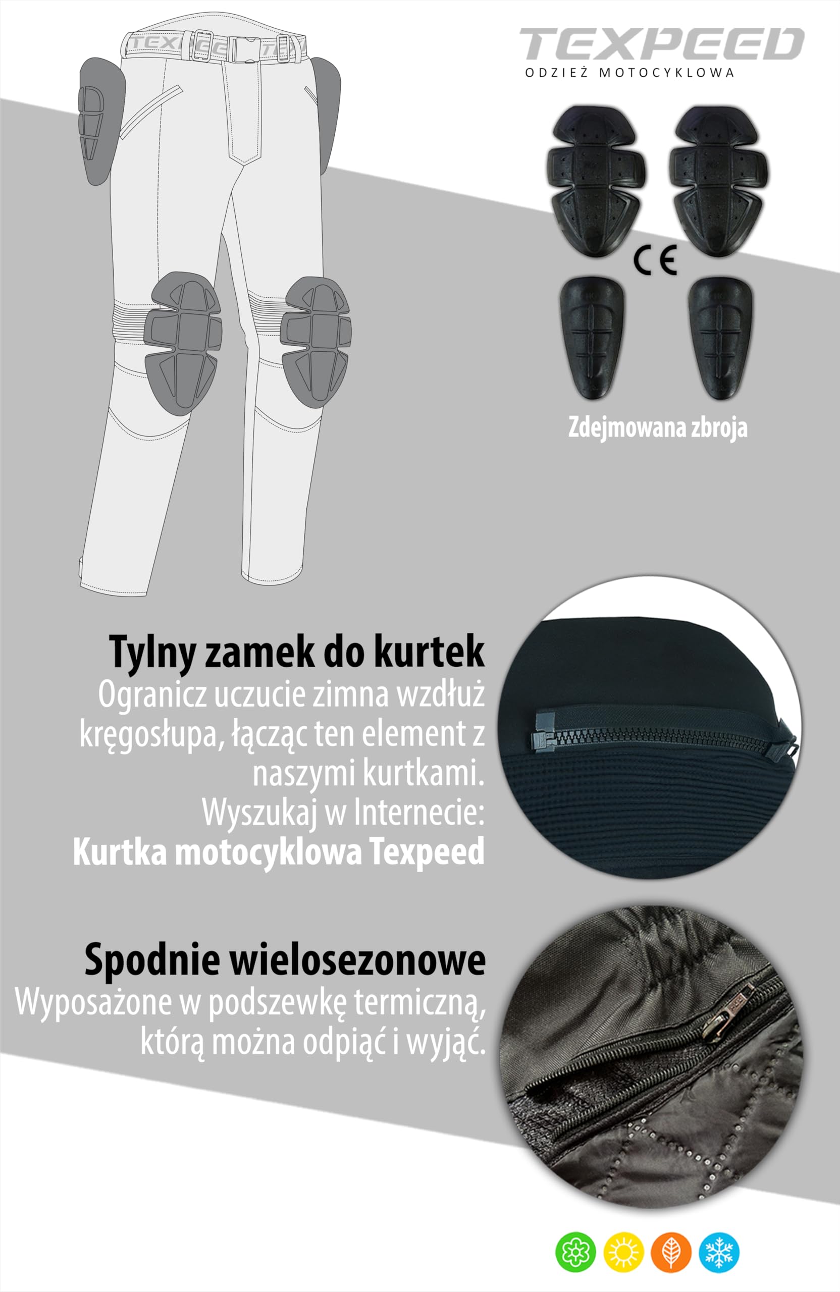 Texpeed Męskie spodnie motocyklowe wodoodporne spodnie motocyklowe z ochraniaczami (EN 1621-1) - Złamana biel - M