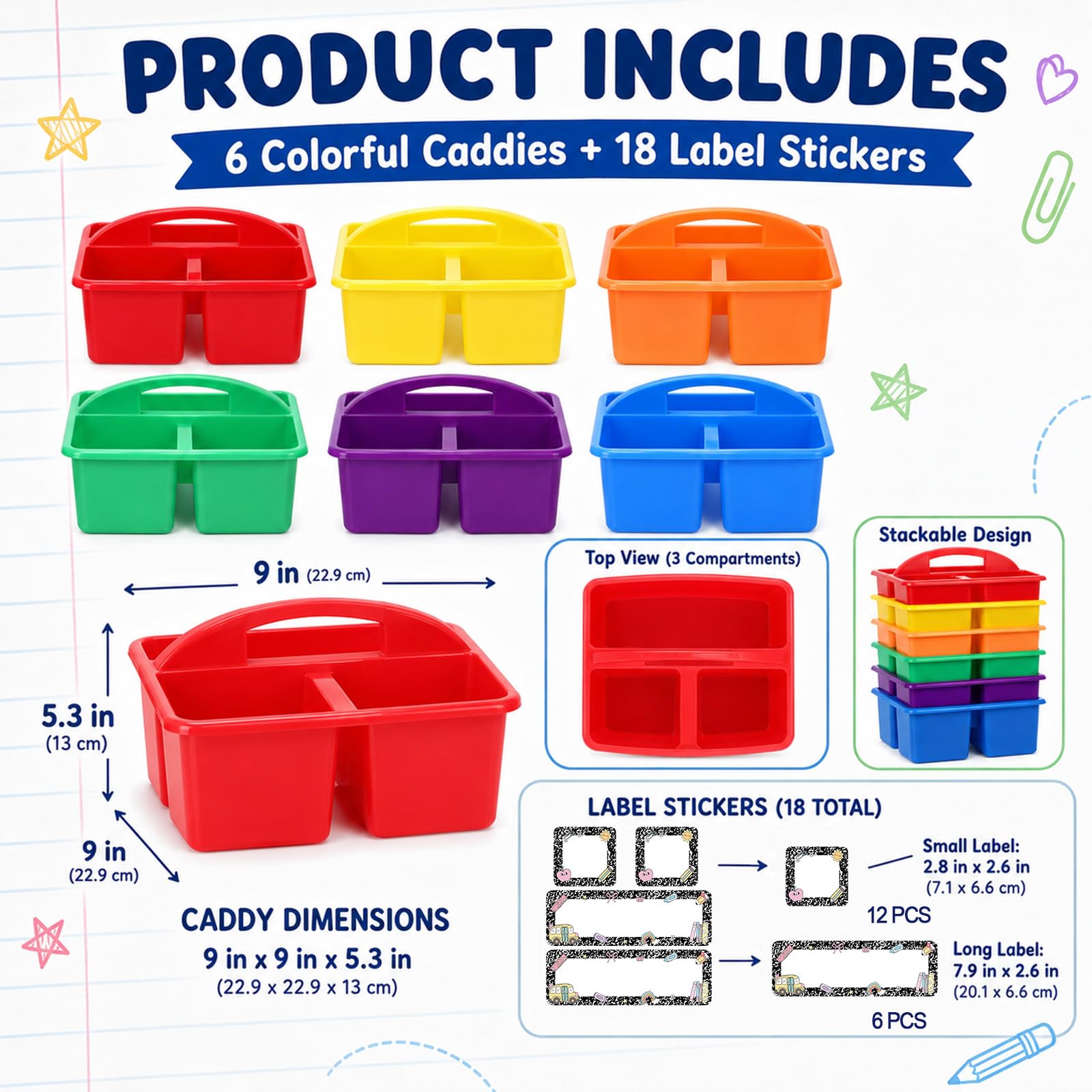 Confezione da 6 organizer colorati per aule con etichette adesive per quaderni, 3 scomparti, forniture per insegnanti, da tavolo, per scrivania, ufficio, artigianato, arte, scuola