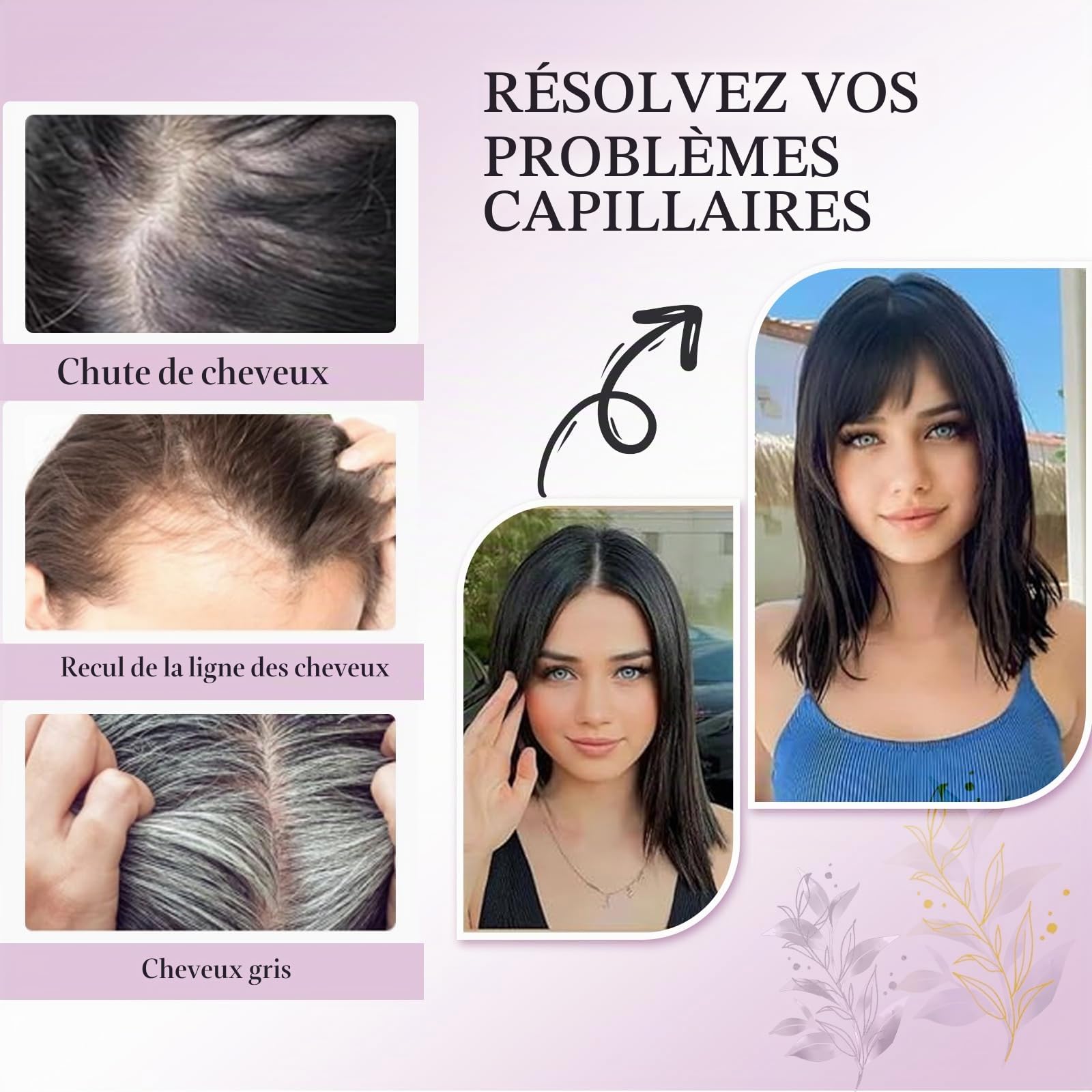Extensions de cheveux naturels pour femmes avec frange Mèche capillaire en cheveux humins cousue à la main pour cheveux clairsemés (Châtain Moyen)