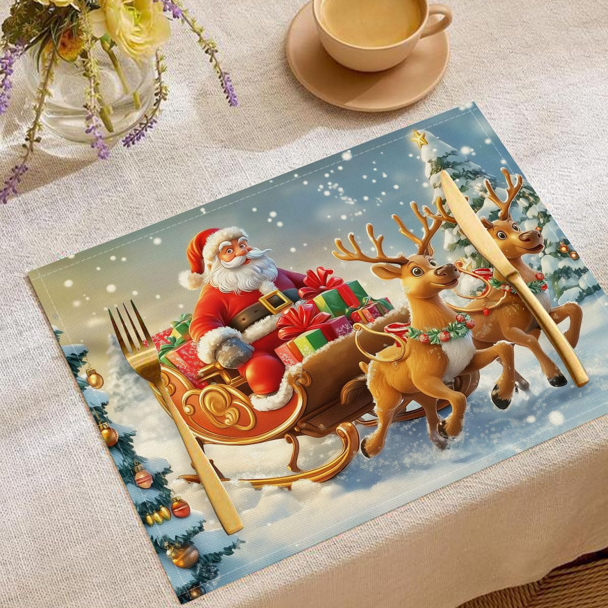Tovagliette all'americana stampate con Babbo Natale, ideali per tavolo da pranzo in cucina, antiscivolo, lavabili, resistenti al calore, in tessuto, confezione da 4, colore turchese, 45 x 30 cm
