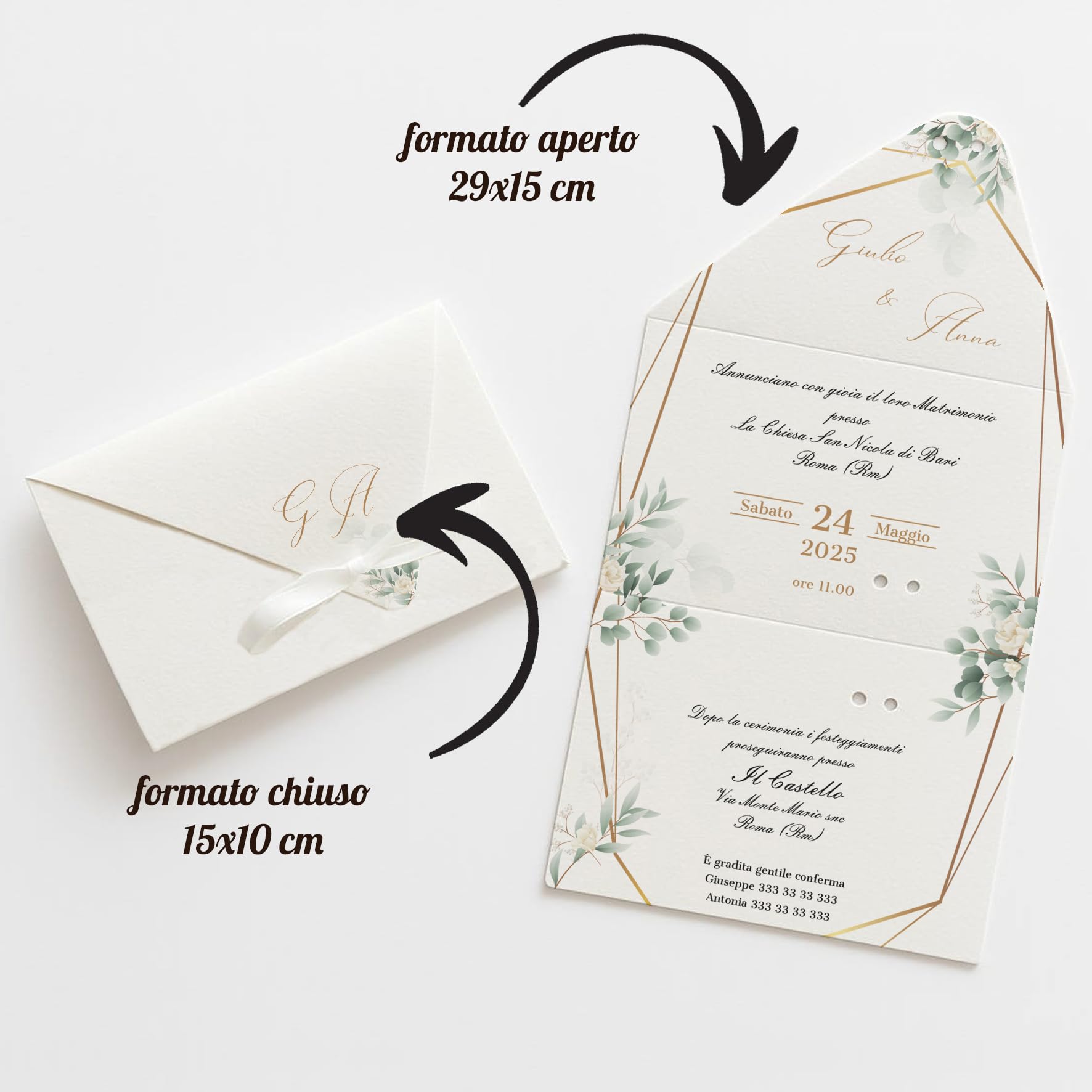 PV Grafik® 15 Partecipazioni Matrimonio Personalizzate, Inviti Matrimonio a Busta, Invito Partecipazione Nozze, Sposi, 15x28 cm Nastrino inclusa, Personalizza invito e scegli la quantità. (M40)