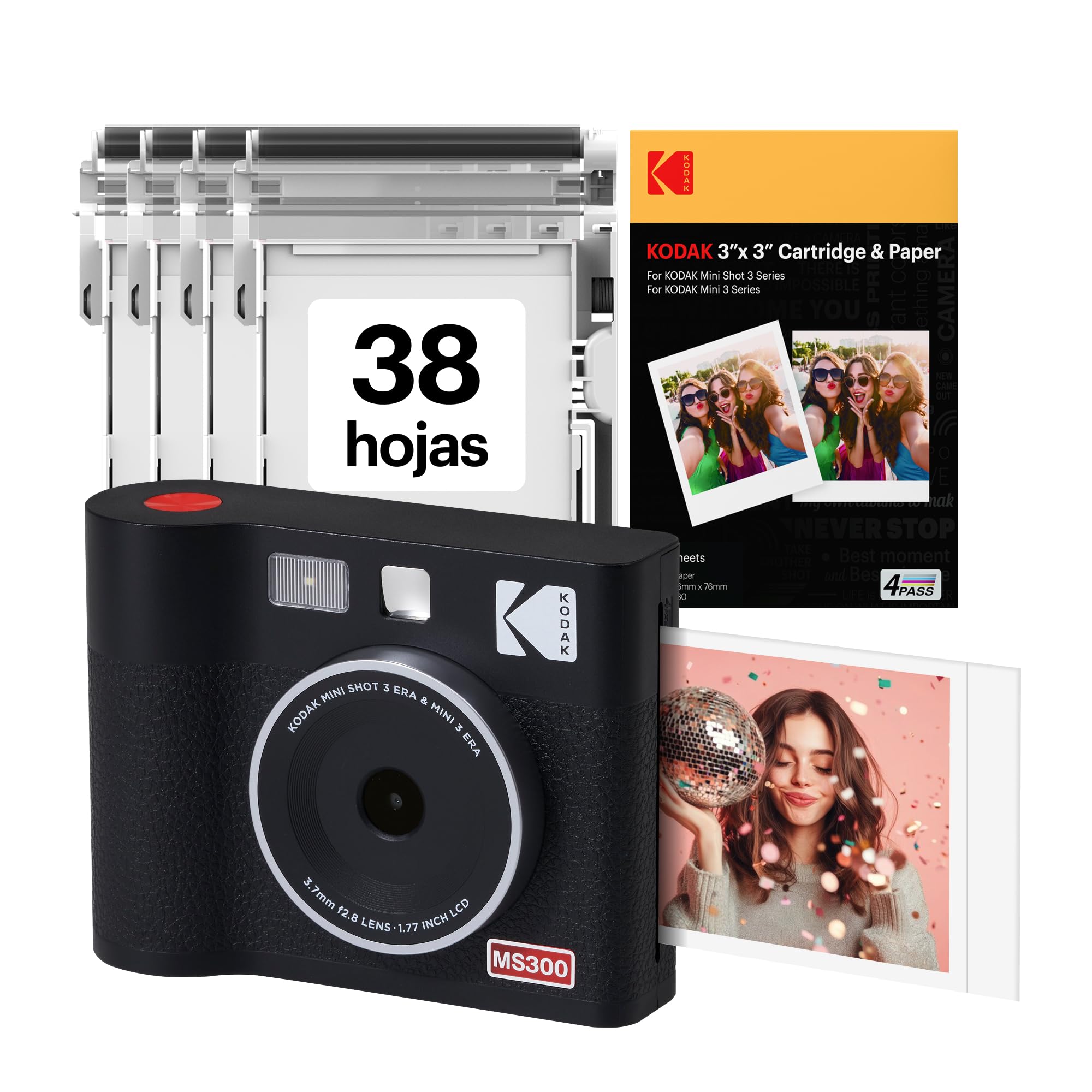 KODAK Mini Shot 3 ERA 4PASS 2-en-1 Cámara Instantánea e Impresora de Fotos (7,6x7,6cm) (Cámara + Pack con 68 Hojas (8 Hojas Iniciales + 60 Hojas), Negro)
