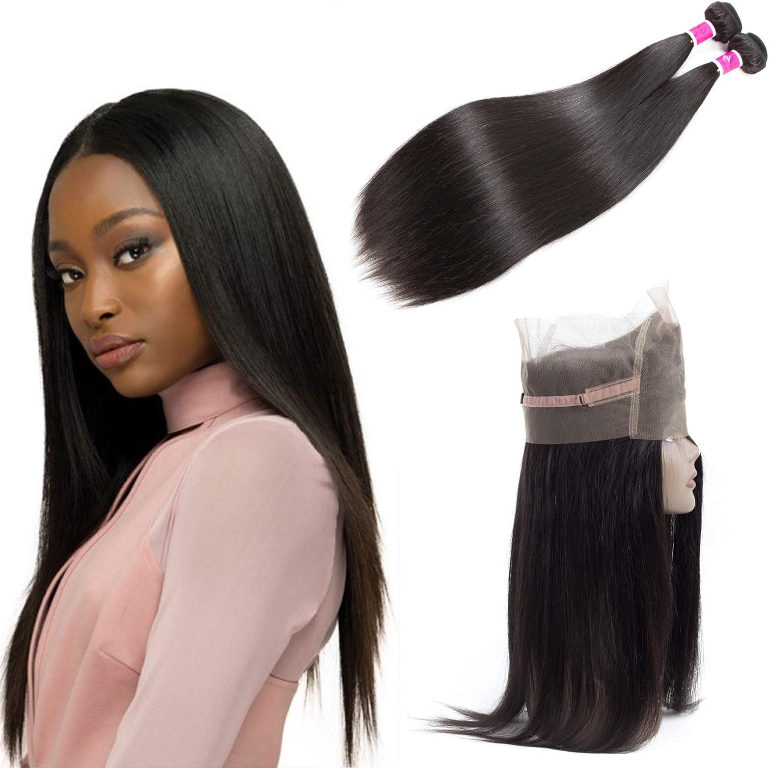 SKYDO 360 Lace Frontal Closure With Bundles Straight Unprocessed Brazilian Straight Hair 2 Bundles with 360 Lace Closure Human Hair Weave Bundles Natural Black (16 18 + 14)