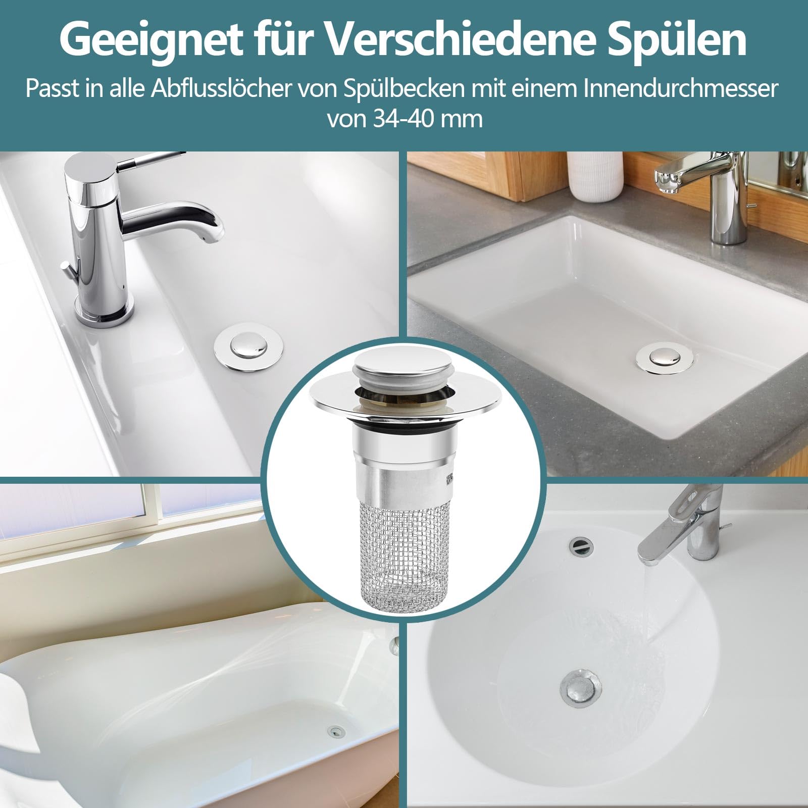 2 Tappi Lavandino Universali 34-40mm - Con Filtro Capelli, Per Bidet, Lavello Da Appoggio - Pop Up - Foto 4