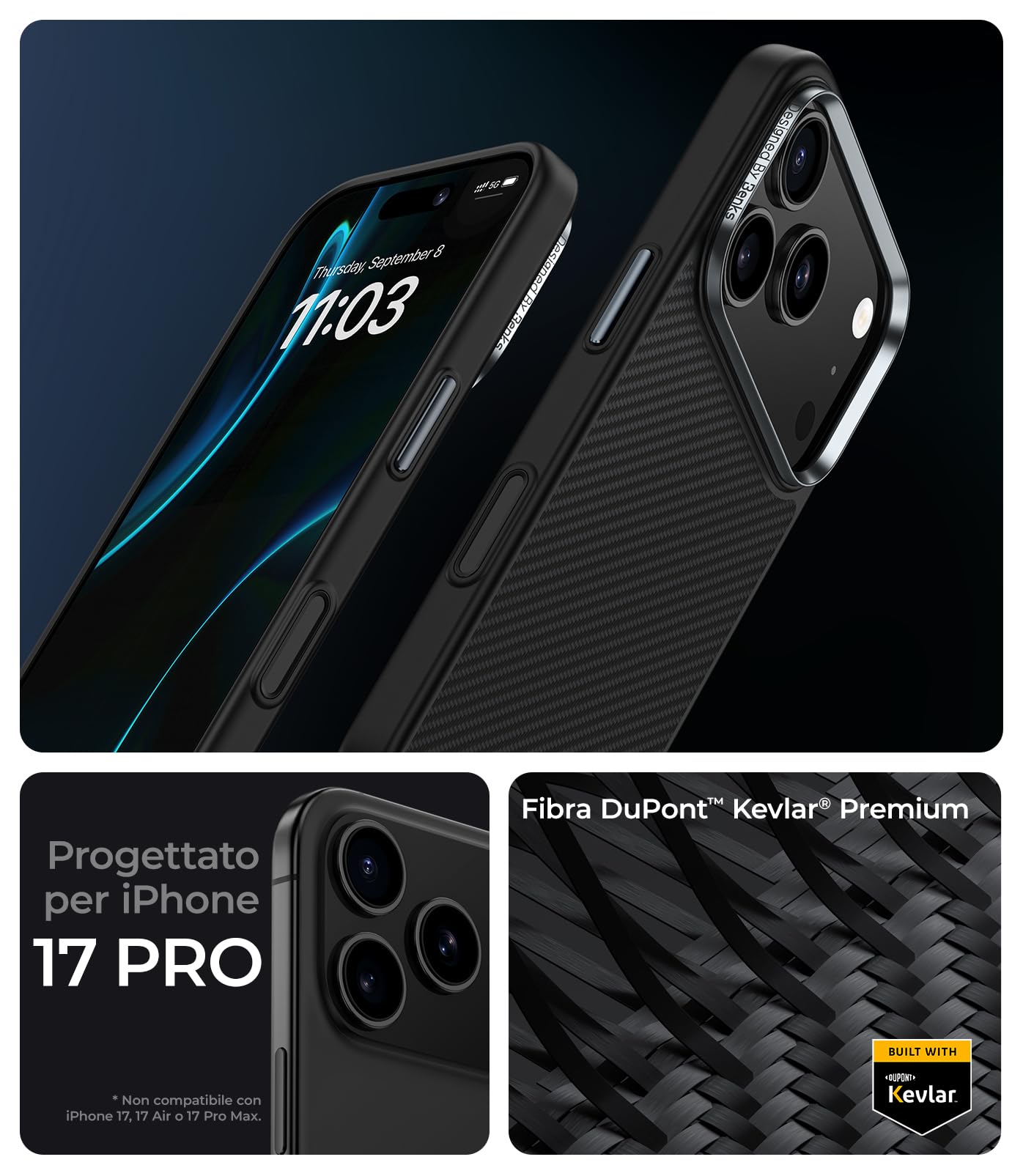 BENKS ArmorPro Cover Antiurto per iPhone 17 Pro con Controllo Fotocamera Compatibile con MagSafe, Custodia Massima Protezione Militare e Forza Magnetica Estrema, Fibra Aramidica 600D e TPU, Nero