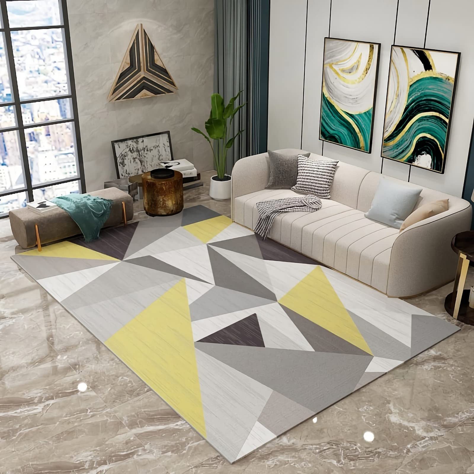 Teppich Schlafzimmer möbel,Waschbarer Teppich Mit Geometrischem Design In Grau, Schwarz, Gelb kuschelteppich,Wohnzimmer deko modern 140x200cm