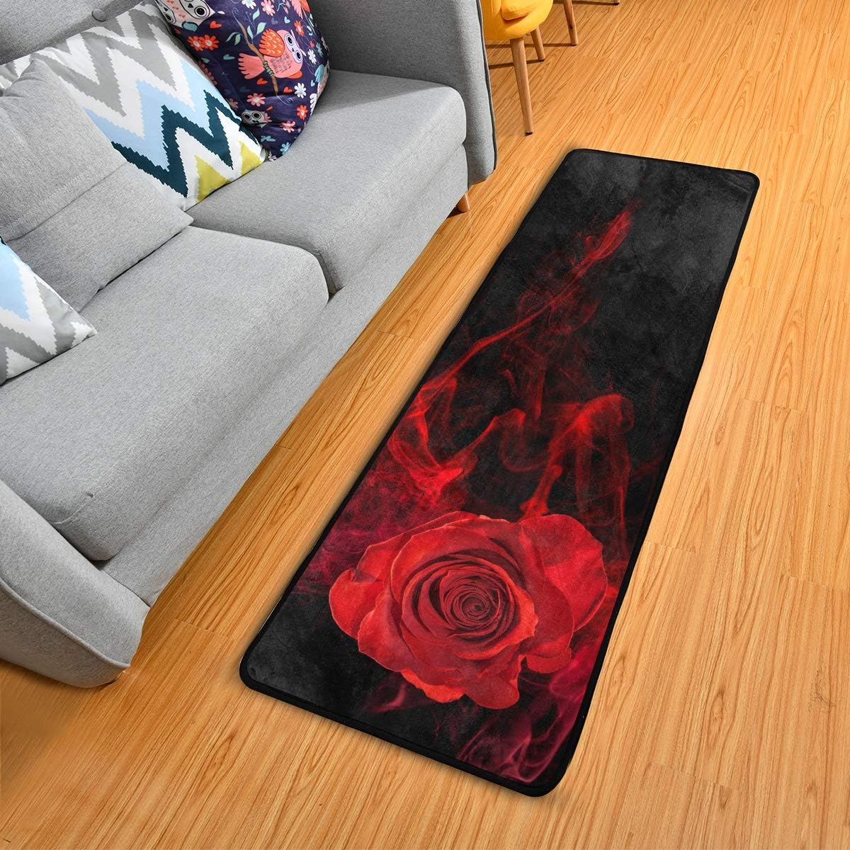 Red Rose On Black Background Runner Rug Floor Mat Non-Skid Kitchen Rug Soft Area Rug for Bathroom Entryway Hallway Dining Living Room