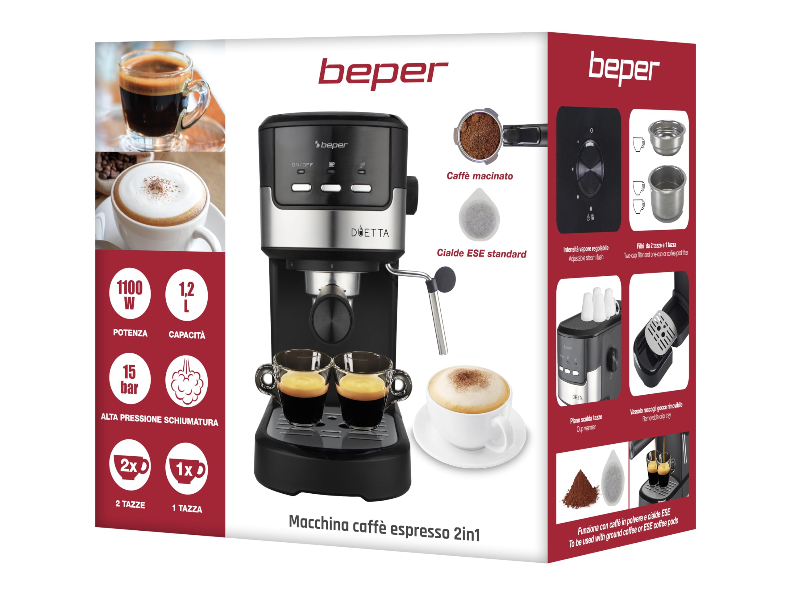 BEPER P101CAF100 Duetta Espresso-Kaffeemaschine, 1100W, 15 bar, Schwarz
