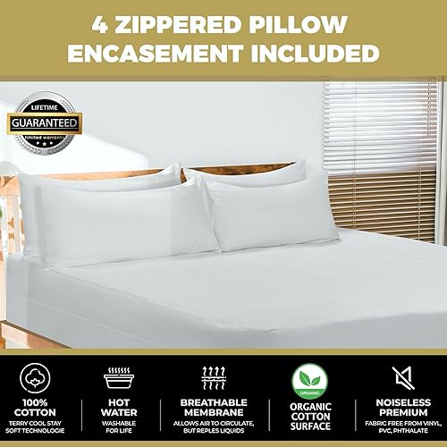 Miniatura 8 de Juego de 4 fundas de almohada de algodón de rizo de tamaño estándar con cremallera, 100% impermeables, a prueba de insectos, transpirables y