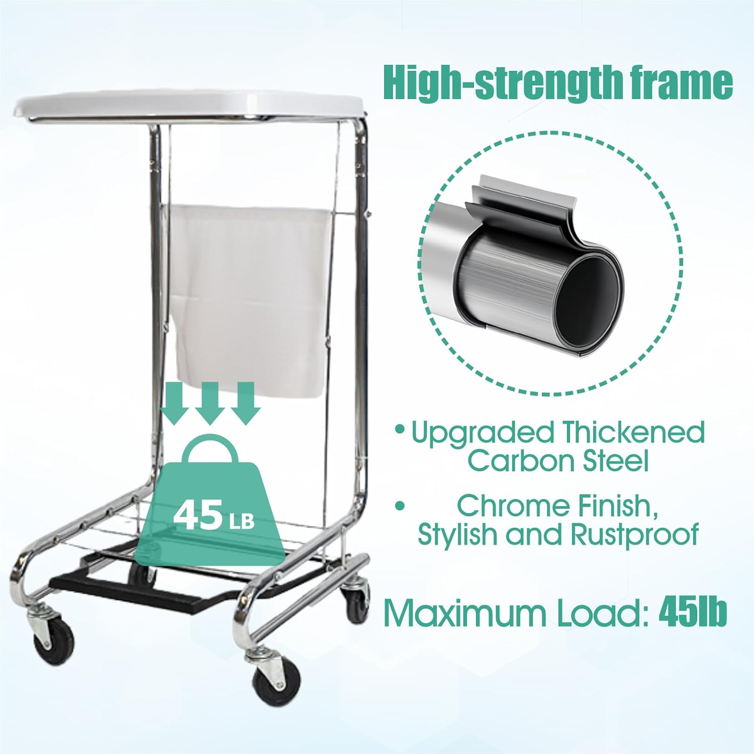 Nurse Laundry Cart – Stainless Steel Frame Utility Cart Without Bag, Rolling Hamper for Clinics, Nursing Homes, and Workplaces (Silvery Car - Green Bag)