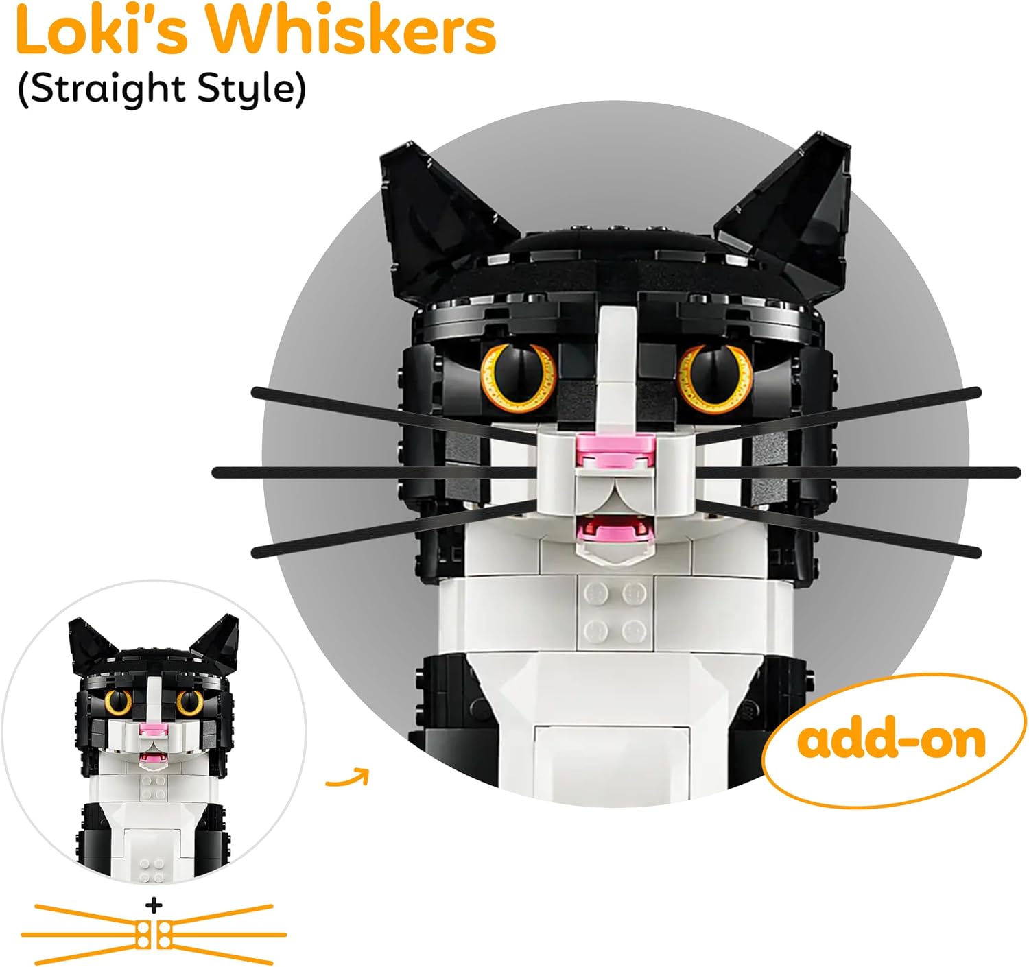 Whiskers for Lego® 21349 Tuxedo Cat or 21376 Orange Cat - Snap-in Accessory - (Whiskers Only, Not The Building Block Kit) (Midnight Black Edition)