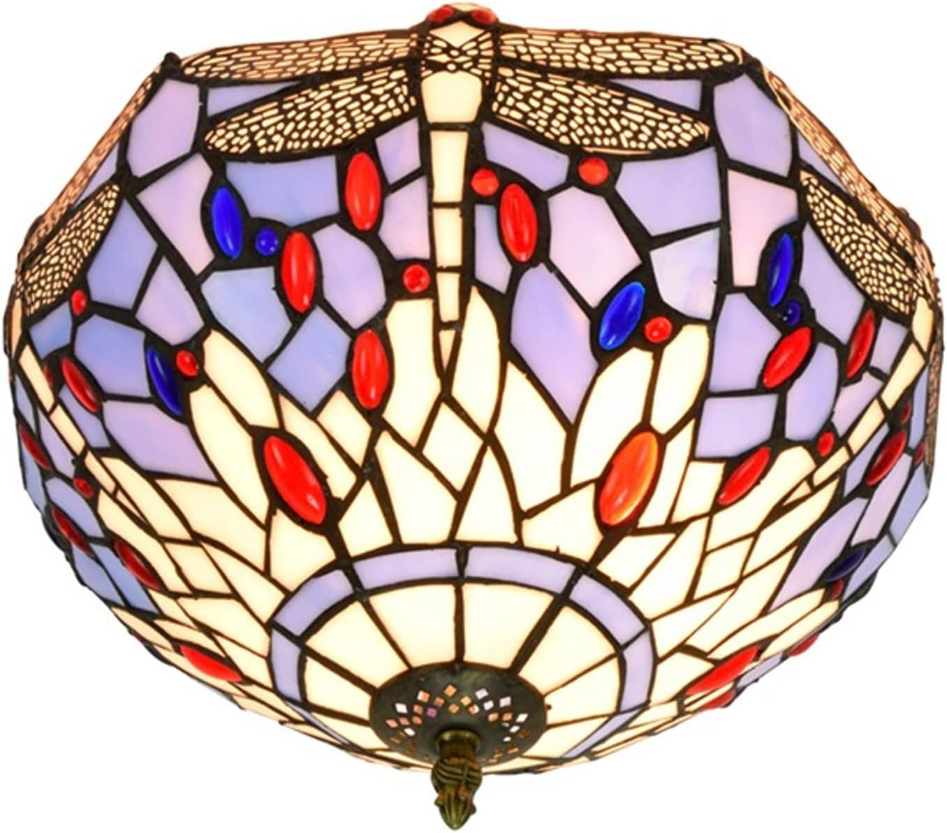TEMKIN Tiffany Style Ceiling Light Dragonfly Stained Glass Ceiling Lamp Round Flush Mount