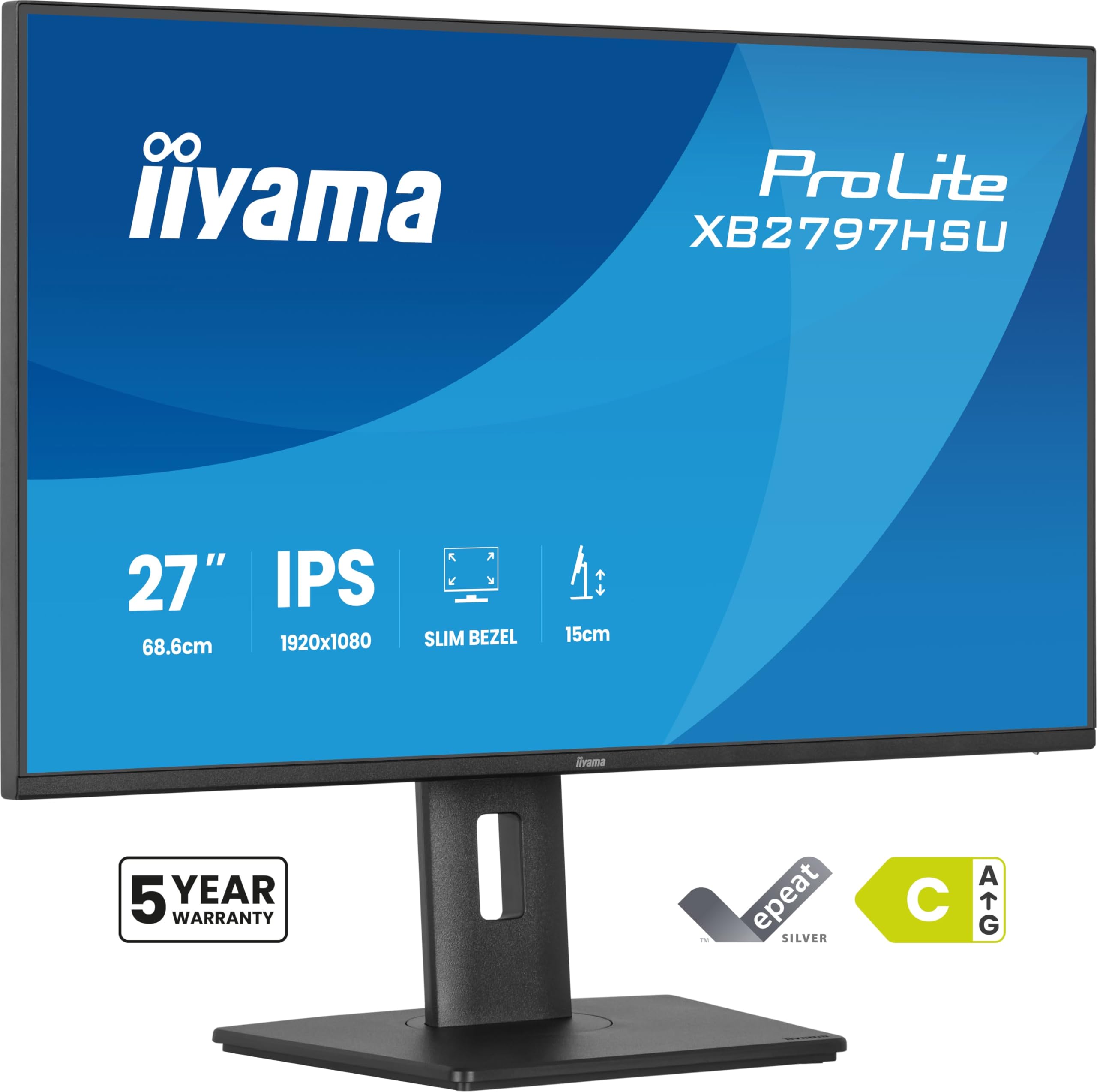 iiyama Prolite XB2797HSU-B1 68,6cm 27" IPS LED-Monitor Full-HD 120Hz HDMI DP USB3.2 USB-C Slim-Line Adaptive Sync Höhenverstellung Pivot Energieeffizienzklasse C schwarz