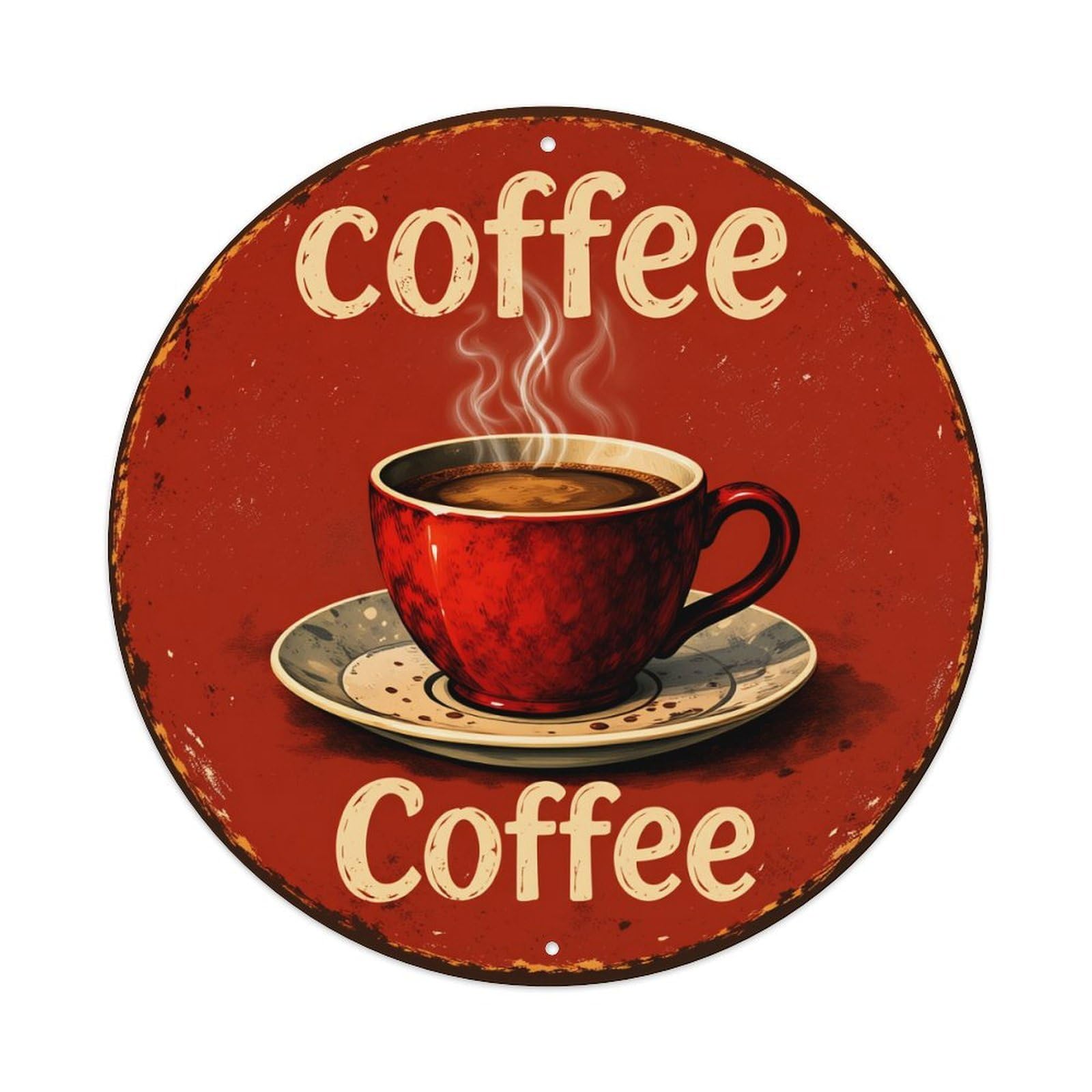 Lzwbntey Vintage Coffee Cup Steam Red Sign Metal Tin Sign Retro Wall Decor For Home Bar Garage Cafe, Indoor & Outdoor Decorative，Circle Metal Poster, 8X8 Inch