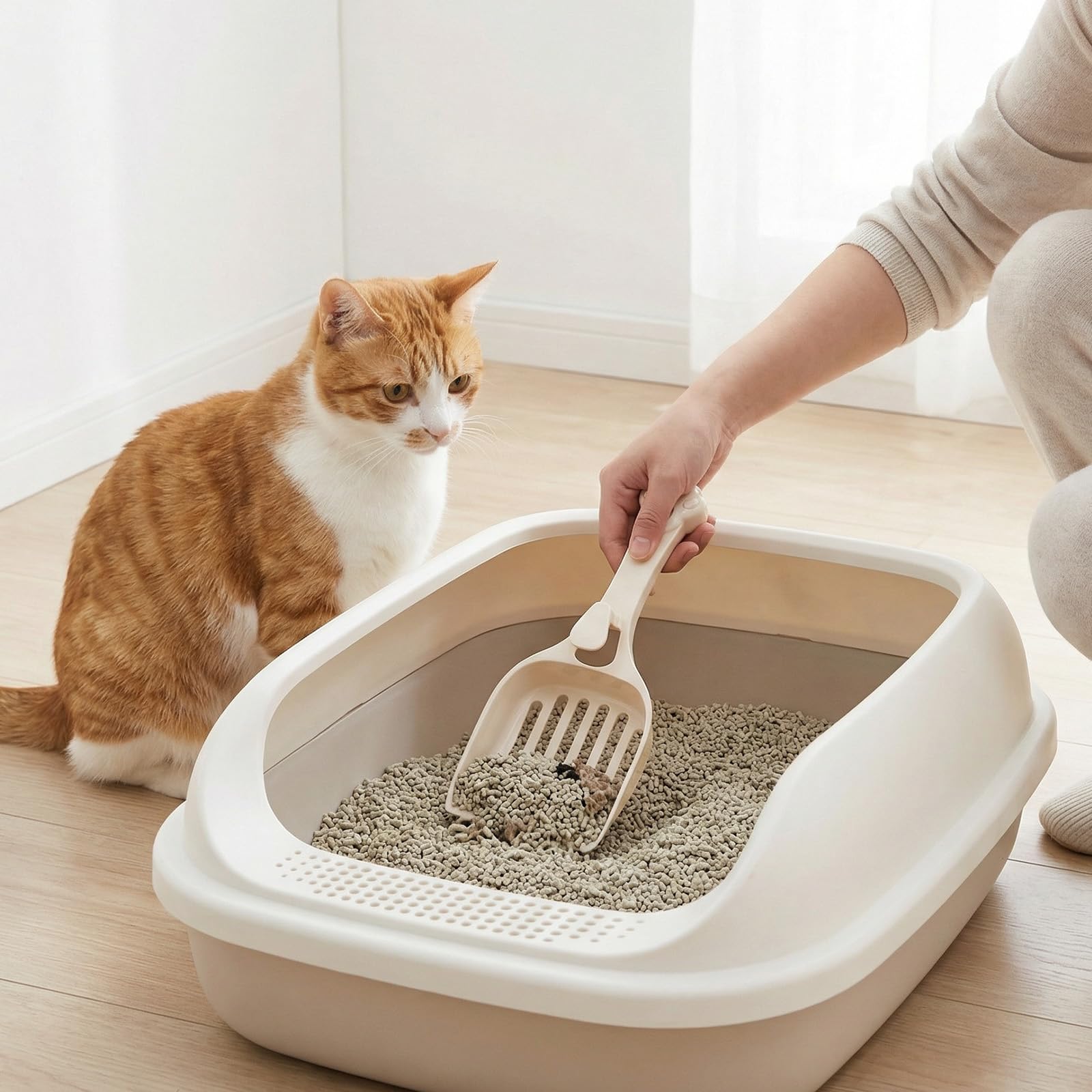 Depets Cuchara de arena para gatos, pala de arena con listones anchos, pala de arena para gatitos para pellets de pino, cuchara de plástico duradero, diseñada para un fácil tamizado, blanco lechoso