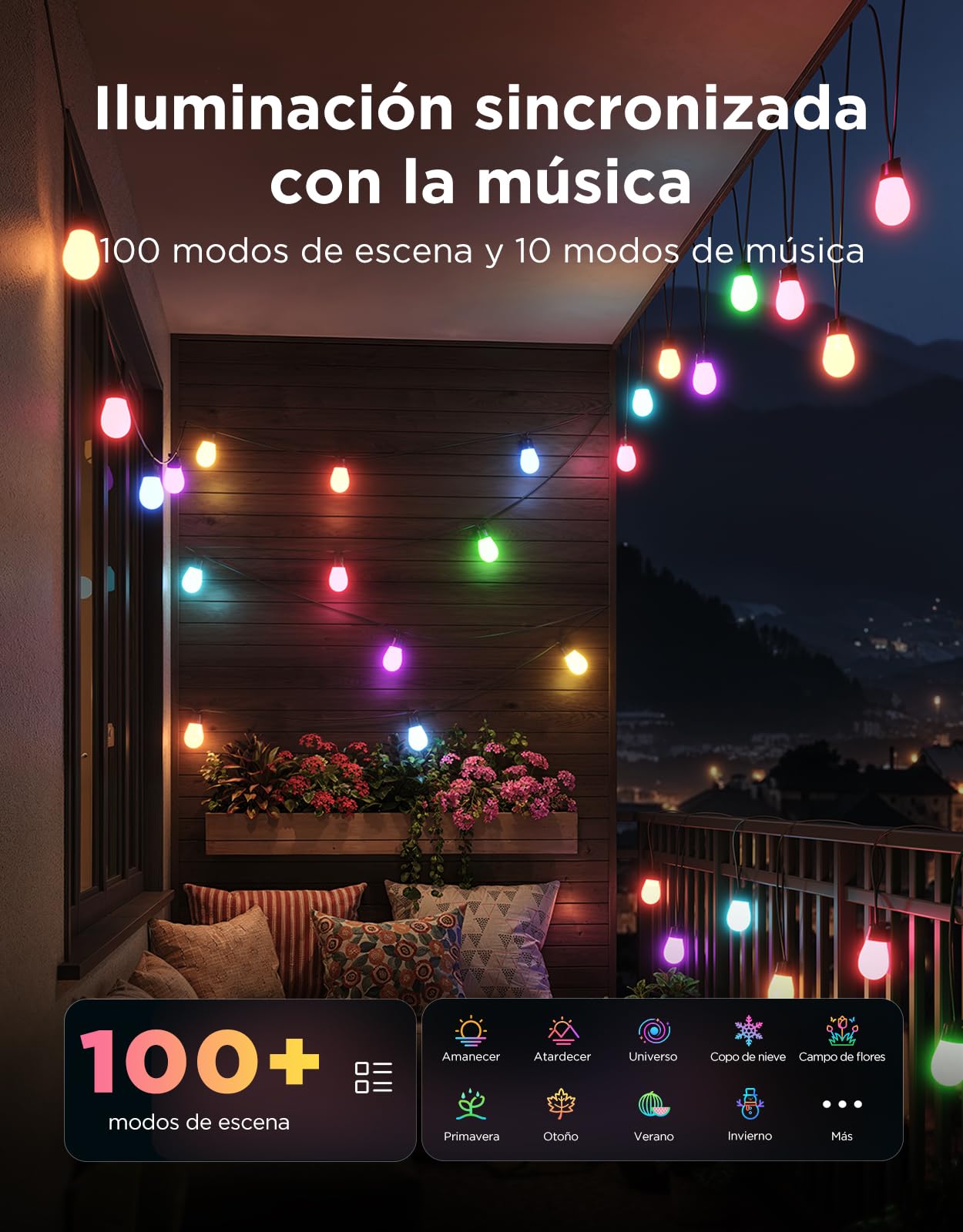 Govee Guirnalda Luces Exterior 15M, RGBICW 65lm pro LED, App Control, IP66 | 16M Colores DIY, 111+ Modos de Escenas, Sync Música, Matter/Alexa/Google, 25000h, Instal. Fácil, Jardín/Balcón/Terraza