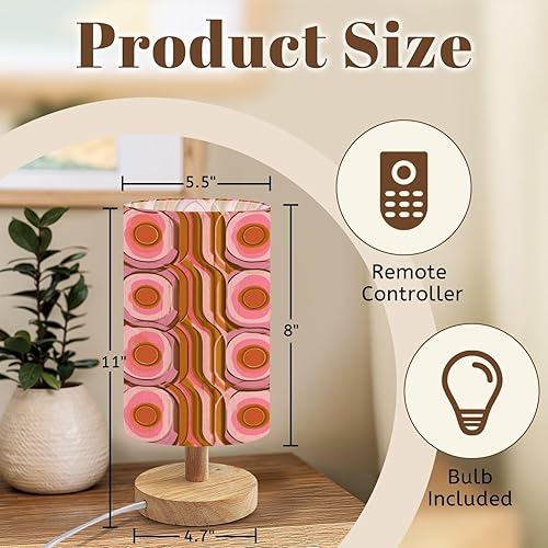 Miniatura 2 de Lámpara de mesa de noche de los años 70, retro, sin costuras, estilo estético, regulable, con pantalla de tela de lino, base de madera, mesita de