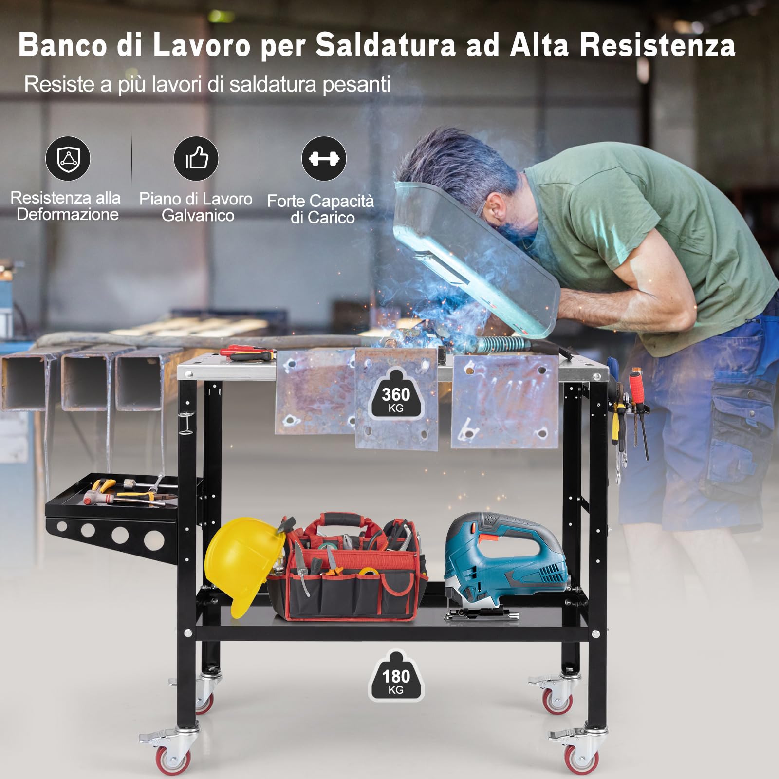 COSTWAY Tavolo da Lavoro, Banco da Lavoro con Supporto per Attrezzi e Vassoio, Fori per Fissaggio, 8 Slot per Attrezzi e Portabocchette per Saldatura, con Ruote, Capacità di Carico 540 KG (Modello 1)