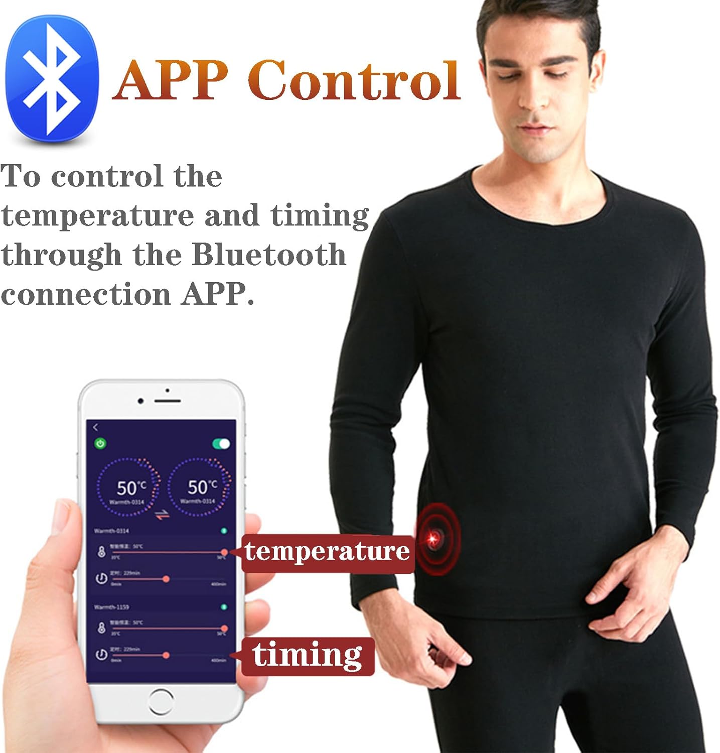 Men's Heated Thermal Underwear Set, App Control 20 Areas Heating USB Warm Shirt & Pants, Fleece Lined Base Layer
