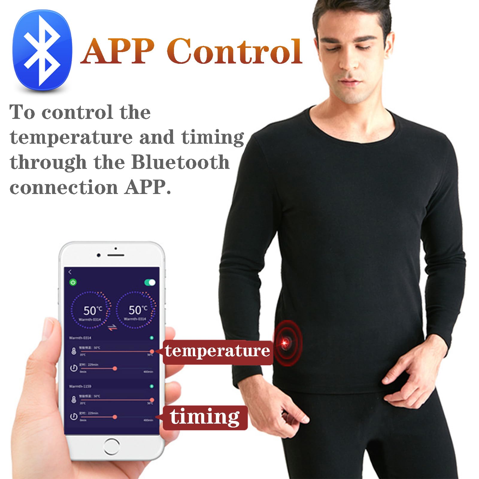 Herren Beheizte Thermische Unterwäsche Set, App Control 20 Bereiche Heizung USB Winter Warme Shirt & Hosen, Fleece Gefüttert Basisschicht