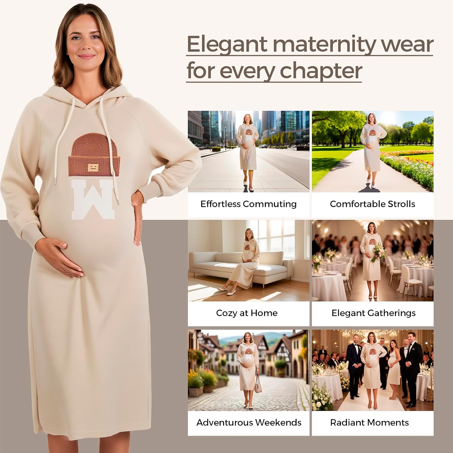 Maternity Hoodie Dress with Pockets – Casual Loose Fit Mid-Length Sweatshirt Dress for Pregnancy Spring Fall